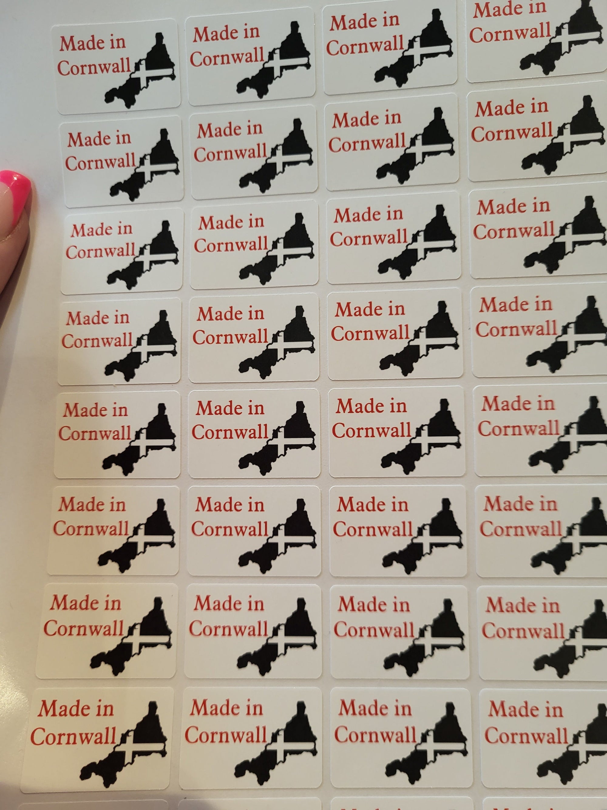 Sheet of labels: Made in Cornwall with map outline & Cornish cross. Support local products!
