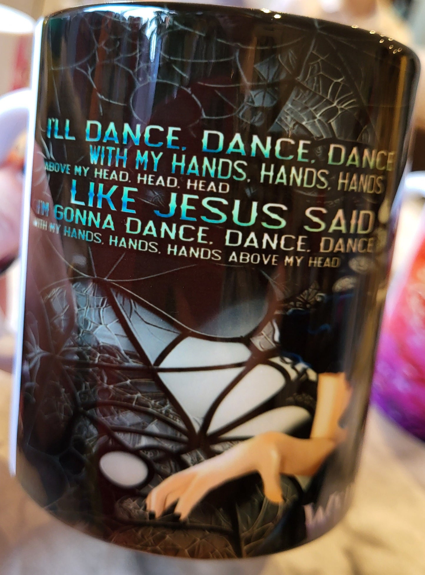 Wednesday Addams "Dance Like Jesus Said" Meme Mug with Spiderweb Design