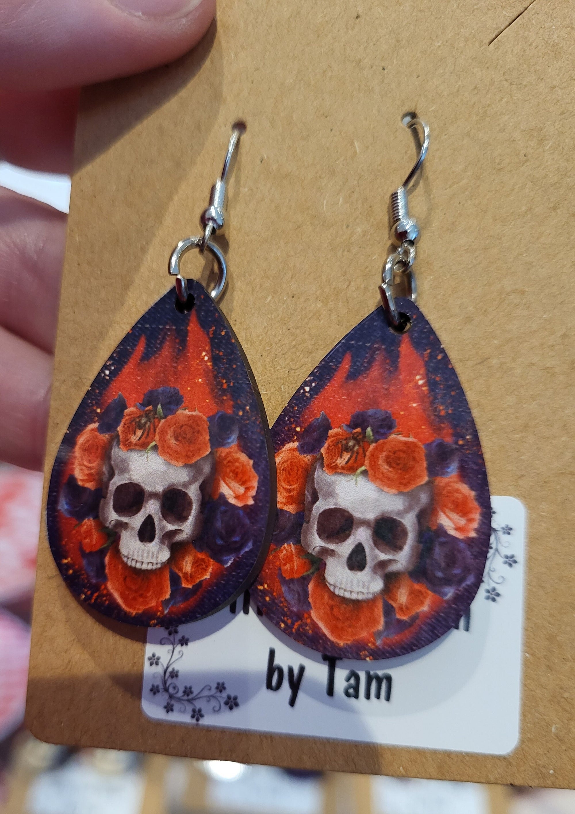 Skull Earrings with Roses, Gothic Style, Handmade Drop Earrings - Skull Art Jewelry by Tam