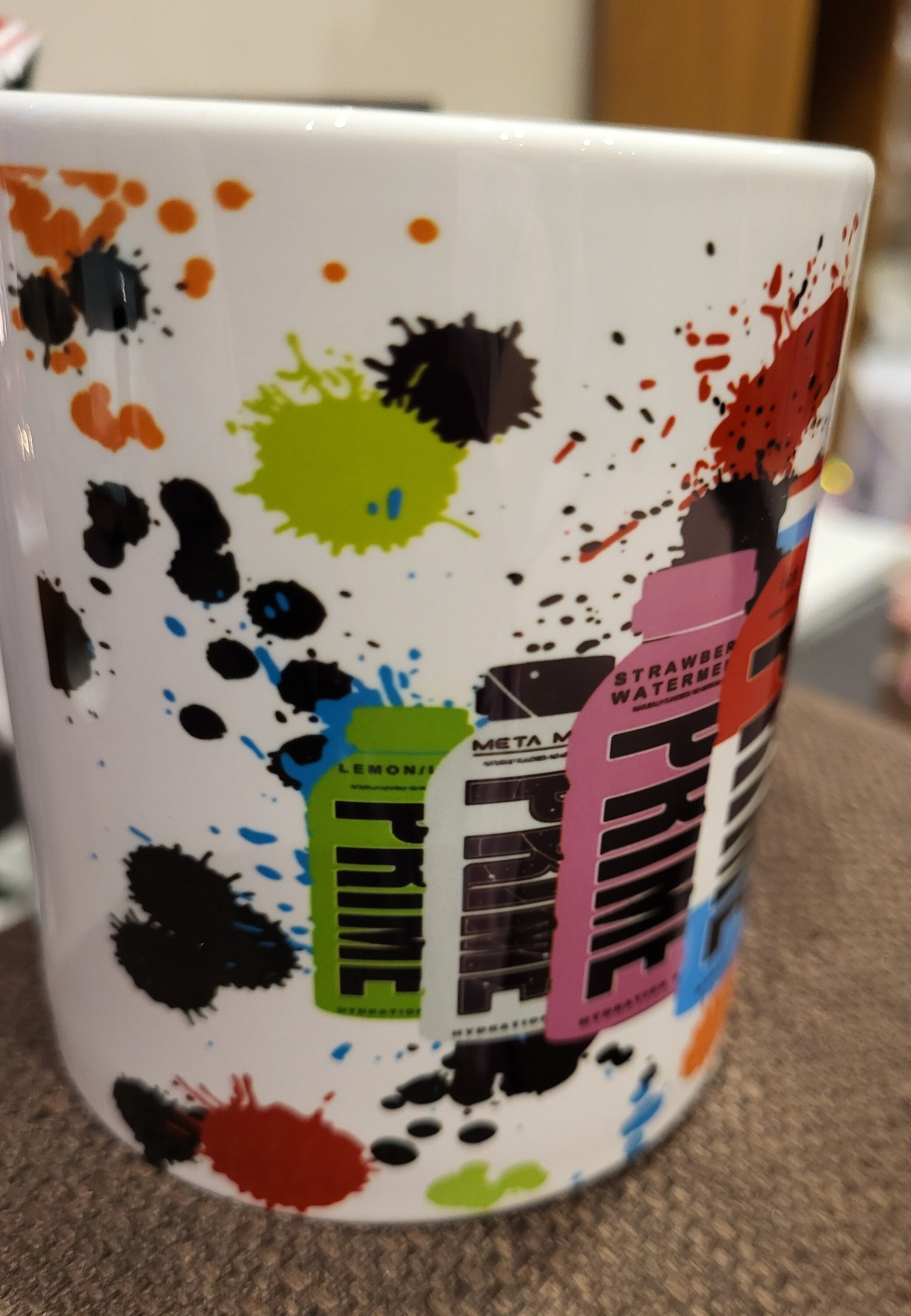 PRIME Hydration Drink Mug - Colorful Paint Splatter Design - Lemon Lime, Meta Moon, Strawberry Watermelon Flavors