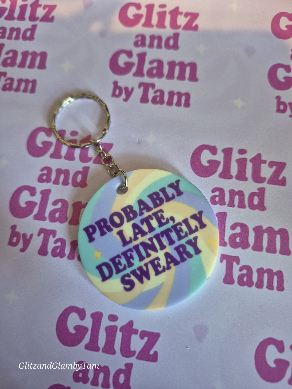 Probably Late, Definitely Sweary Keyring – Funny Pastel Swirl Acrylic Keychain –