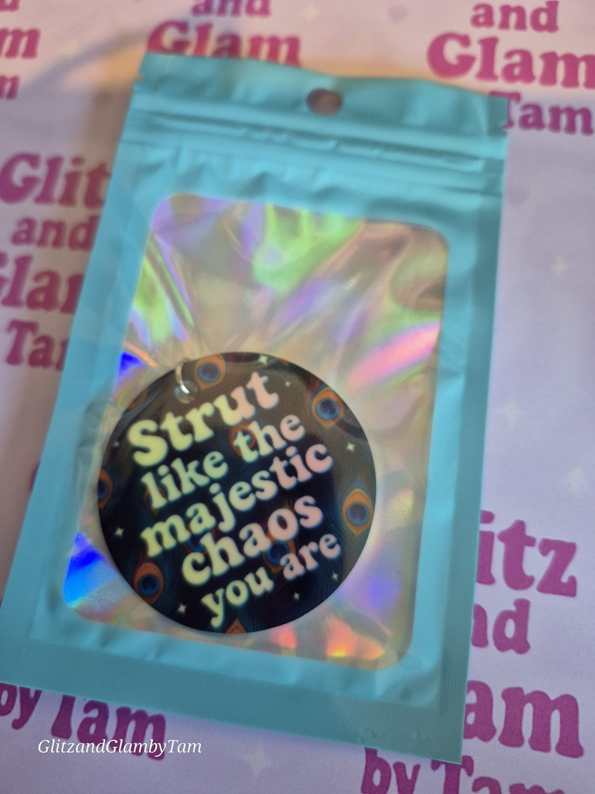 Peacock Chaos Keyring – “Strut Like the Majestic Chaos You Are” – Funny Acrylic