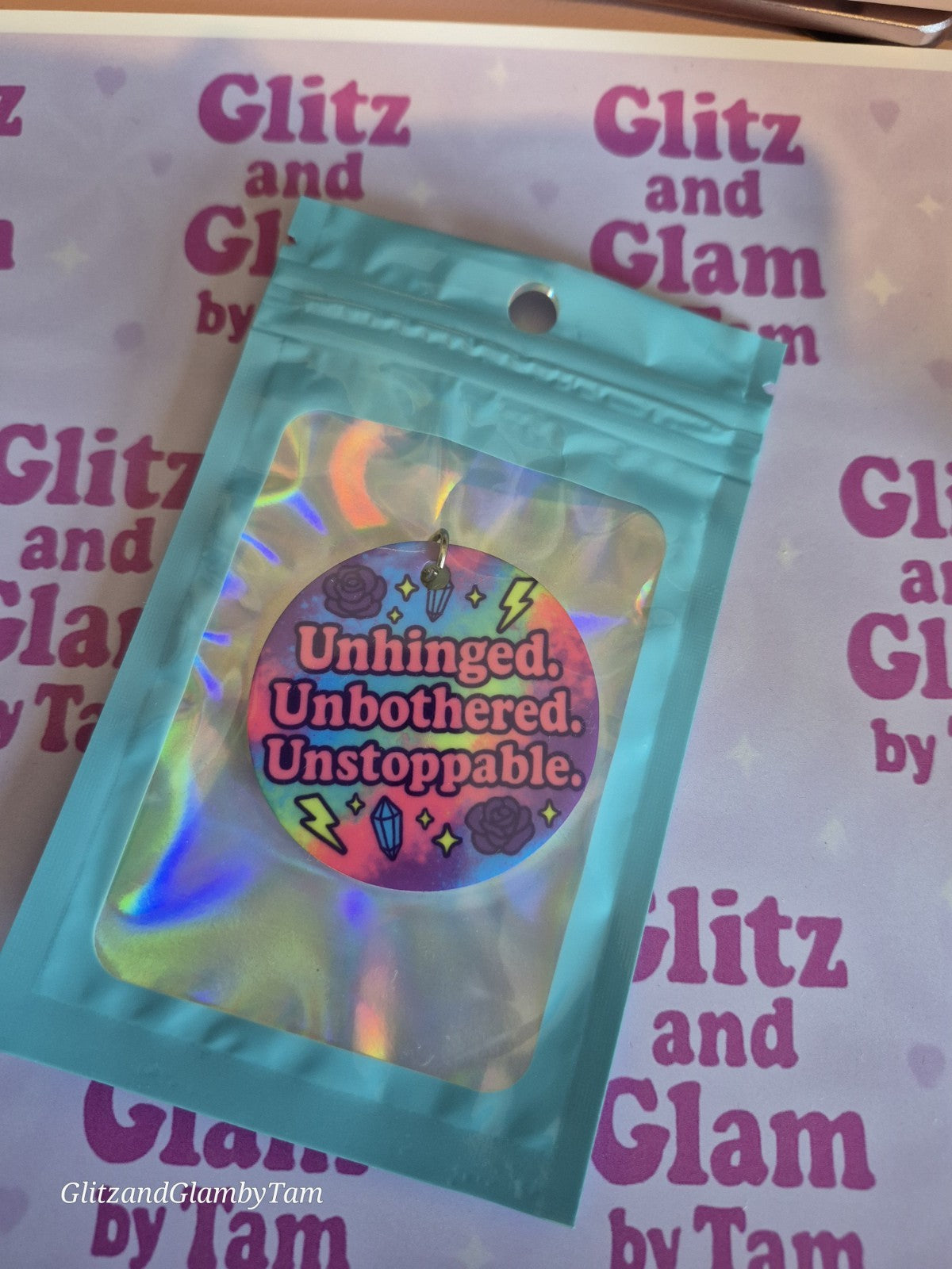 Unhinged Keyring – “Unhinged. Unbothered. Unstoppable.” – Rainbow Chaos Acrylic