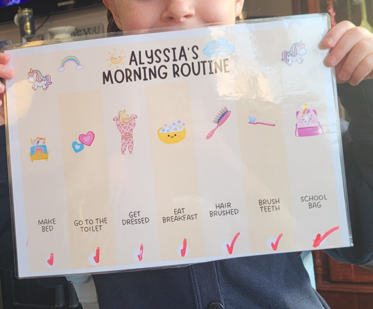 MORNING ROUTINE REWARD CHART , Wipeable , Laminated , School Morning Chart