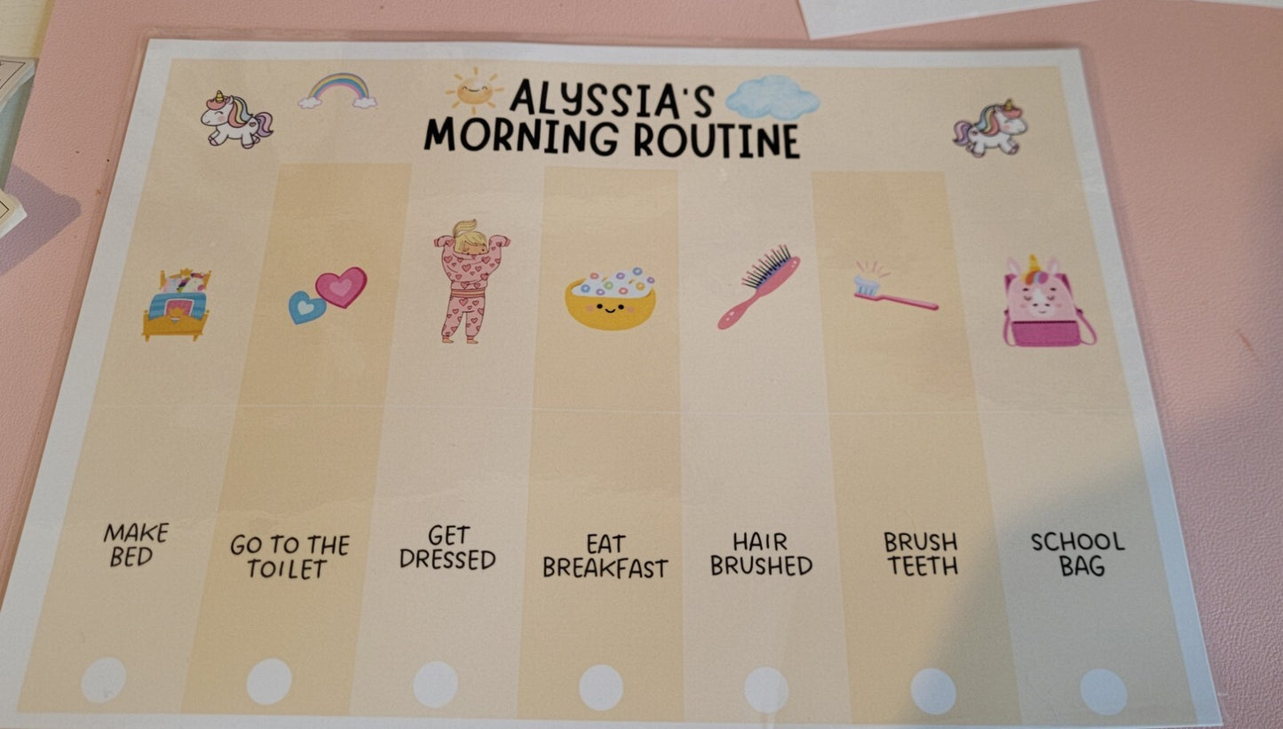 MORNING ROUTINE REWARD CHART , Wipeable , Laminated , School Morning Chart