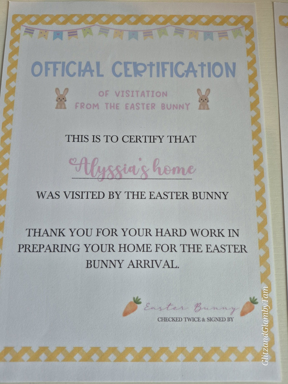 Personalized Easter Bunny Certificate: Visitation from the Easter Bunny to Alyssia's Home