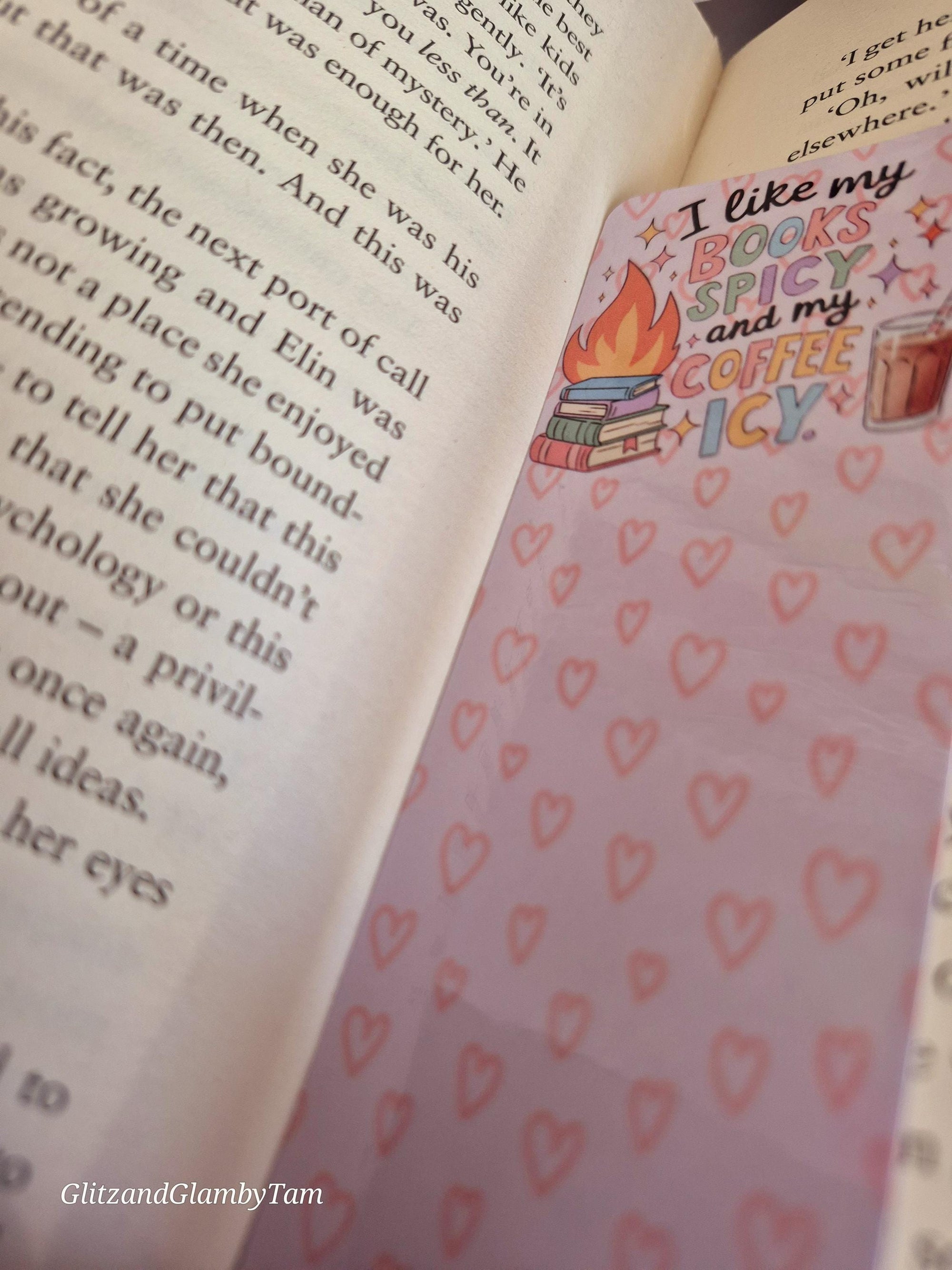 Cute Bookmark: Spicy Books & Icy Coffee! Burning Books, Iced Coffee, Hearts. Reading Aesthetic.