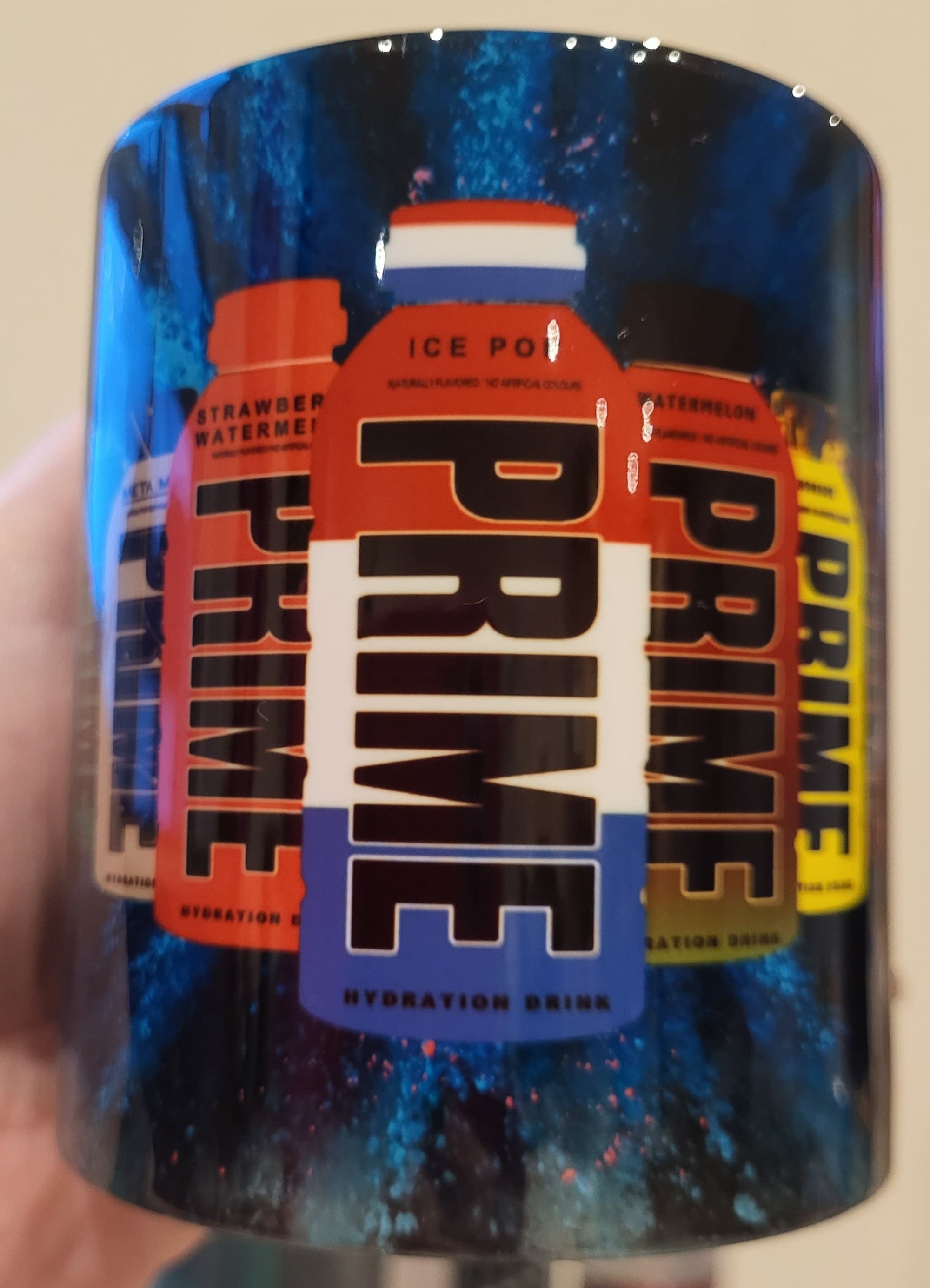 Prime Hydration Drink Mug: Ice Pop, Strawberry Watermelon, Watermelon flavors on a unique design. Collectible Drinkware