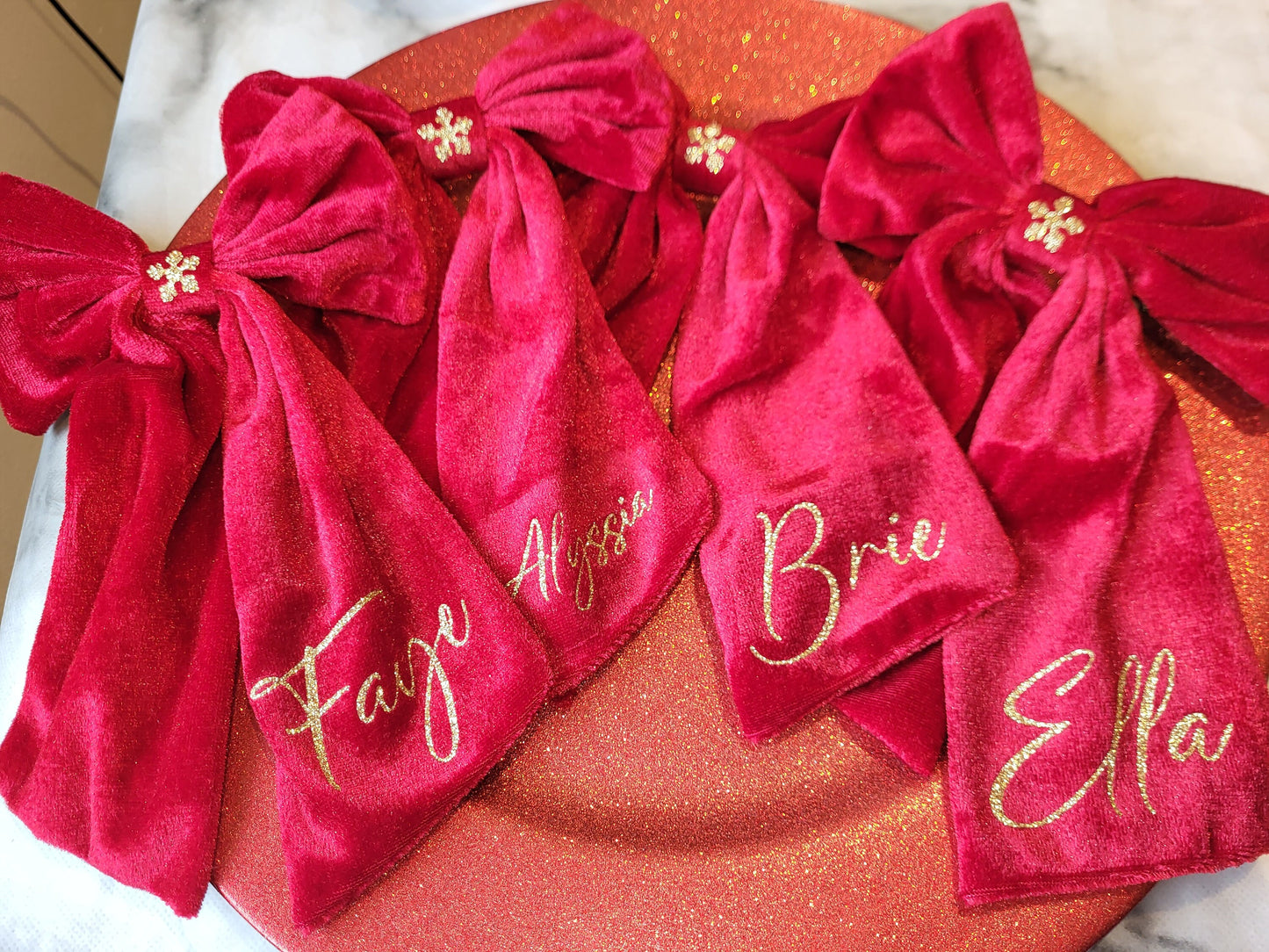 Gorgeous velvet red Christmas Bow with gold Glitter name