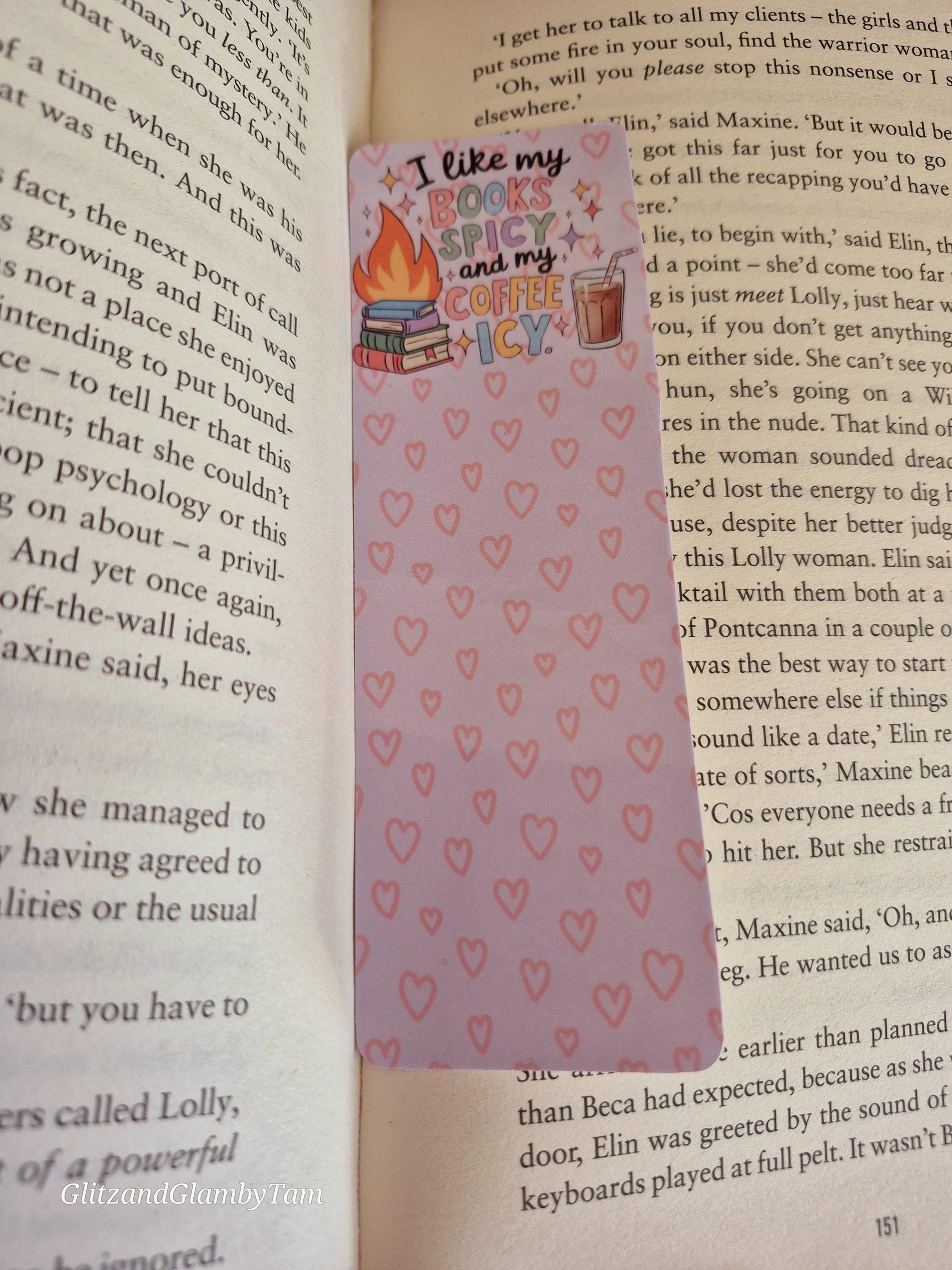 Cute bookmark: "I like my books spicy and my coffee icy" with book stack, flame, iced coffee, and heart pattern. #books #coffee