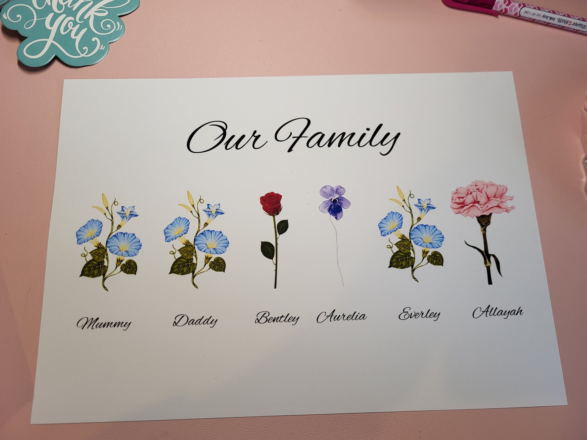 Personalized Family Art Print: Flowers for Mummy, Daddy, Bentley, Aurelia, Everley, and Allayah. Morning Glory, Rose, Violet, Carnation