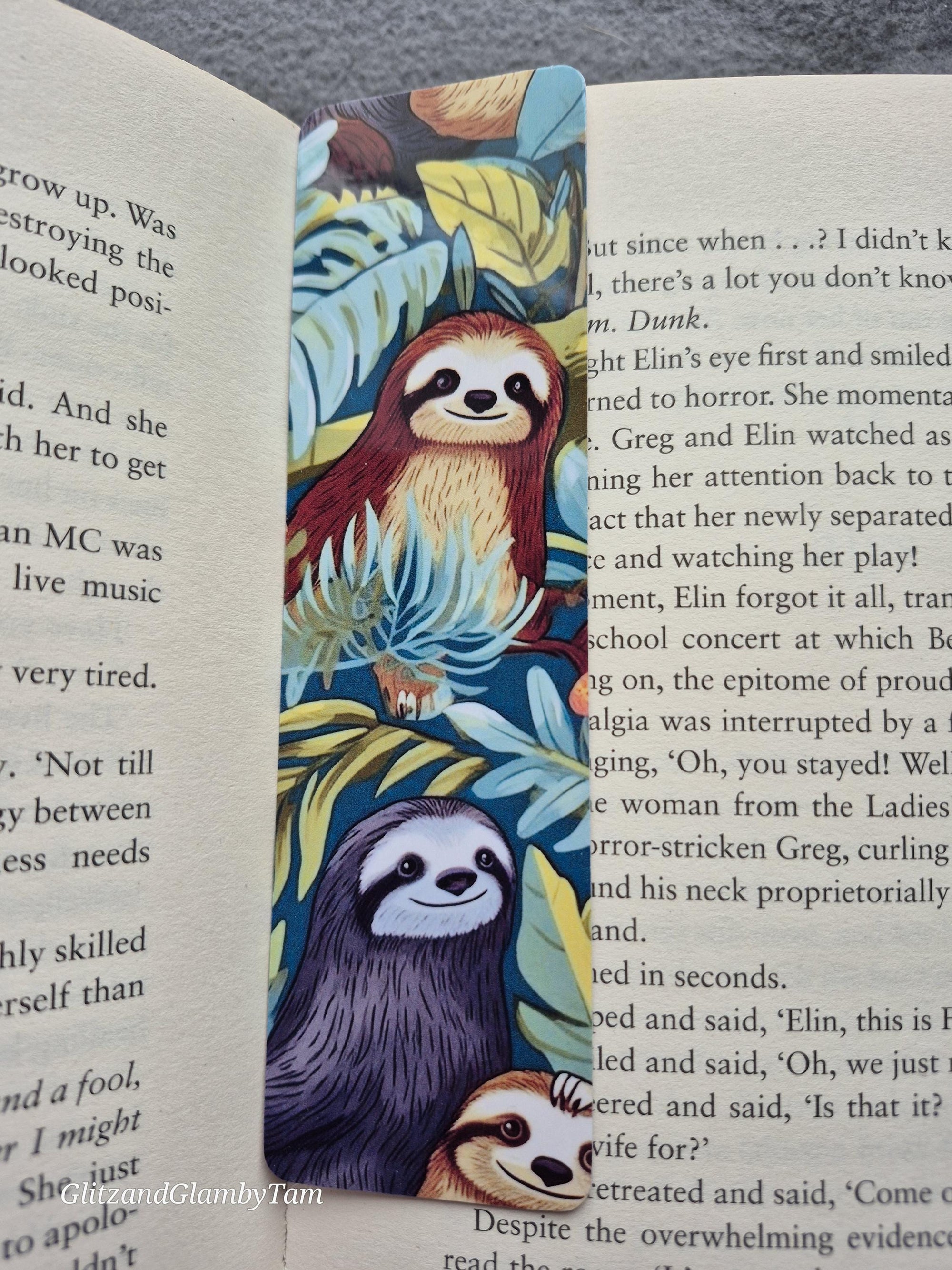 Sloth Bookmark in Book: Cute Sloths and Tropical Leaves Design