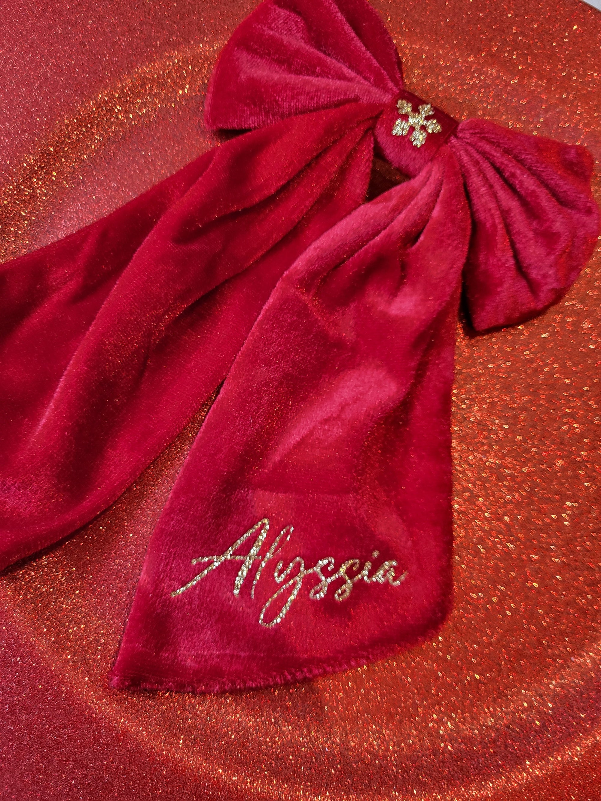 Red Velvet Bow with Gold 'Alyssia' Embroidery on Sparkly Red Background - Personalized Gift, Holiday Decoration