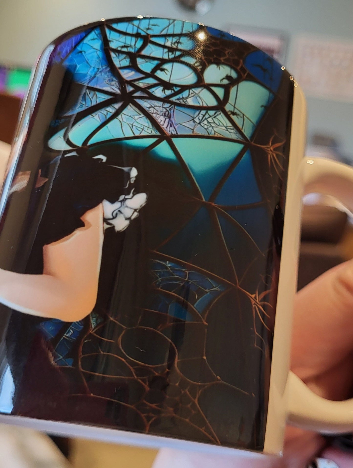 Gothic Halloween Mug with Spiderweb & Bats Design, Cute Girl Print.