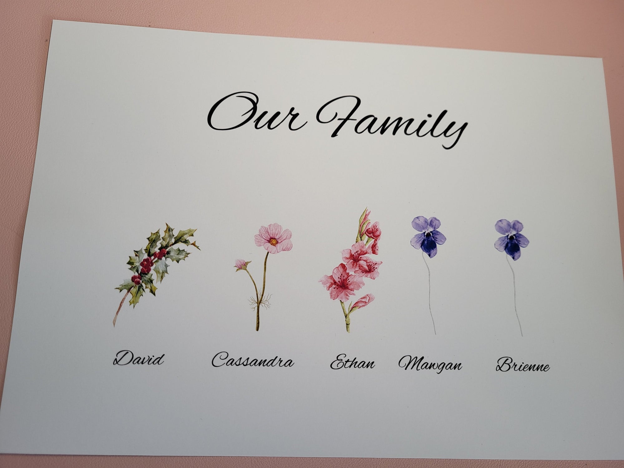 Personalized Family Portrait with Floral Illustrations: David, Cassandra, Ethan, Mangan, Brienne.