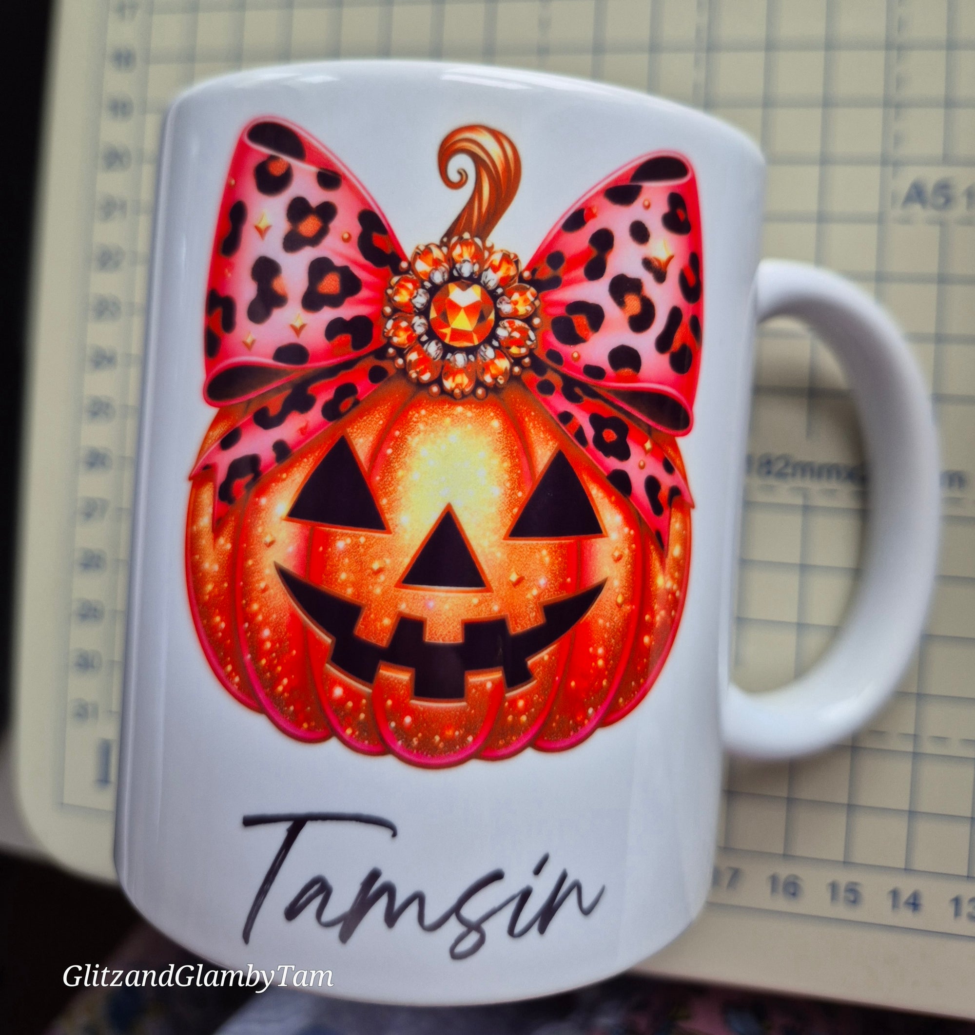 Personalised Glitter pumpkin mug leopard print bow sassy mug