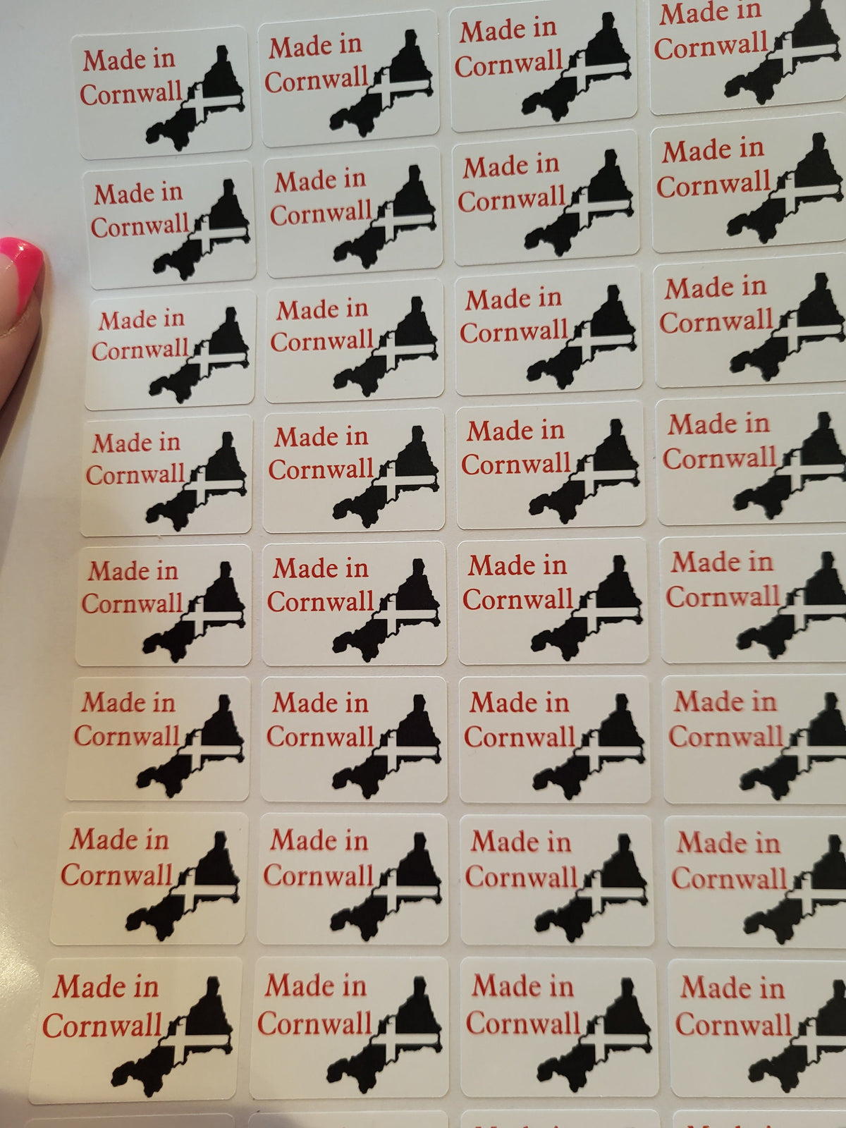 Sheet of labels: Made in Cornwall with map outline & Cornish cross. Support local products!