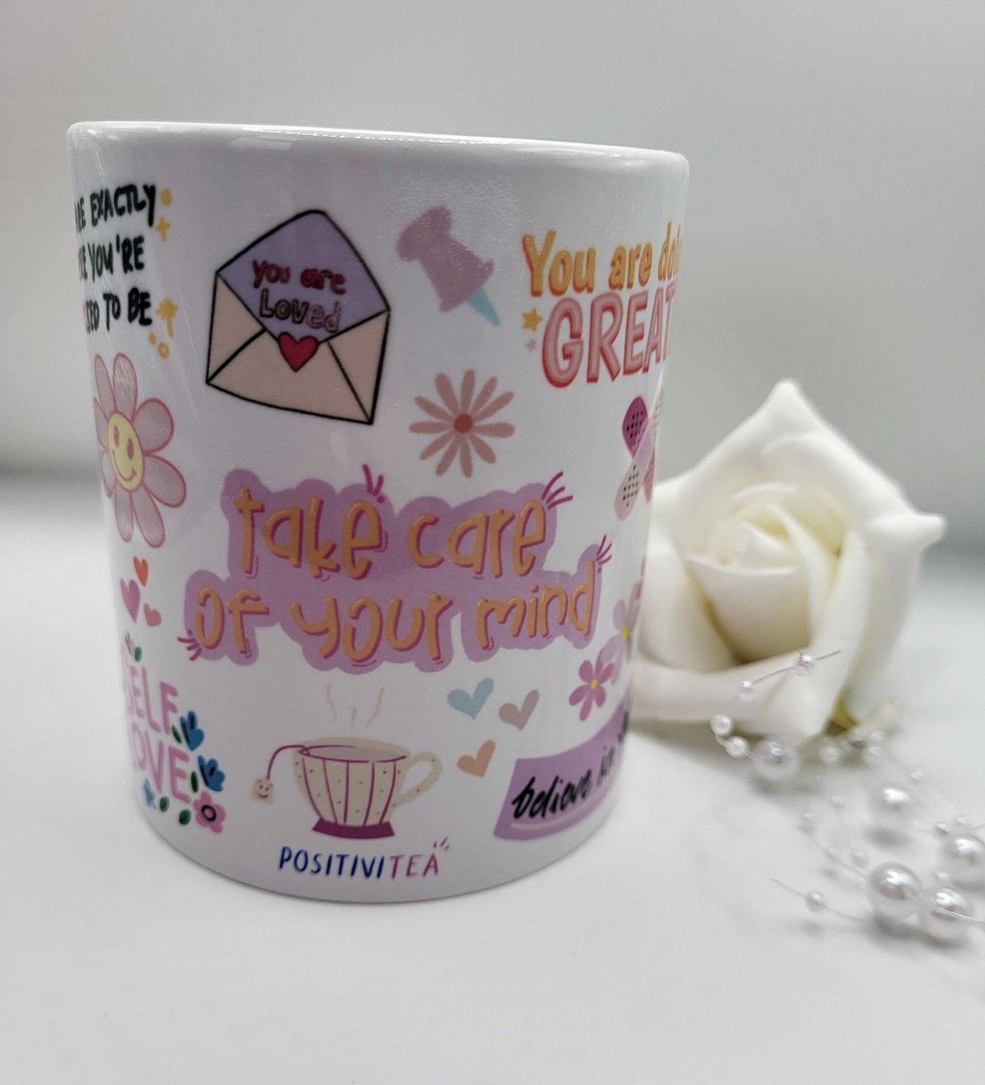 Positive Affirmations Mug with Rose: Take Care of Your Mind, Self-Care Gift Idea, PositiviTEA