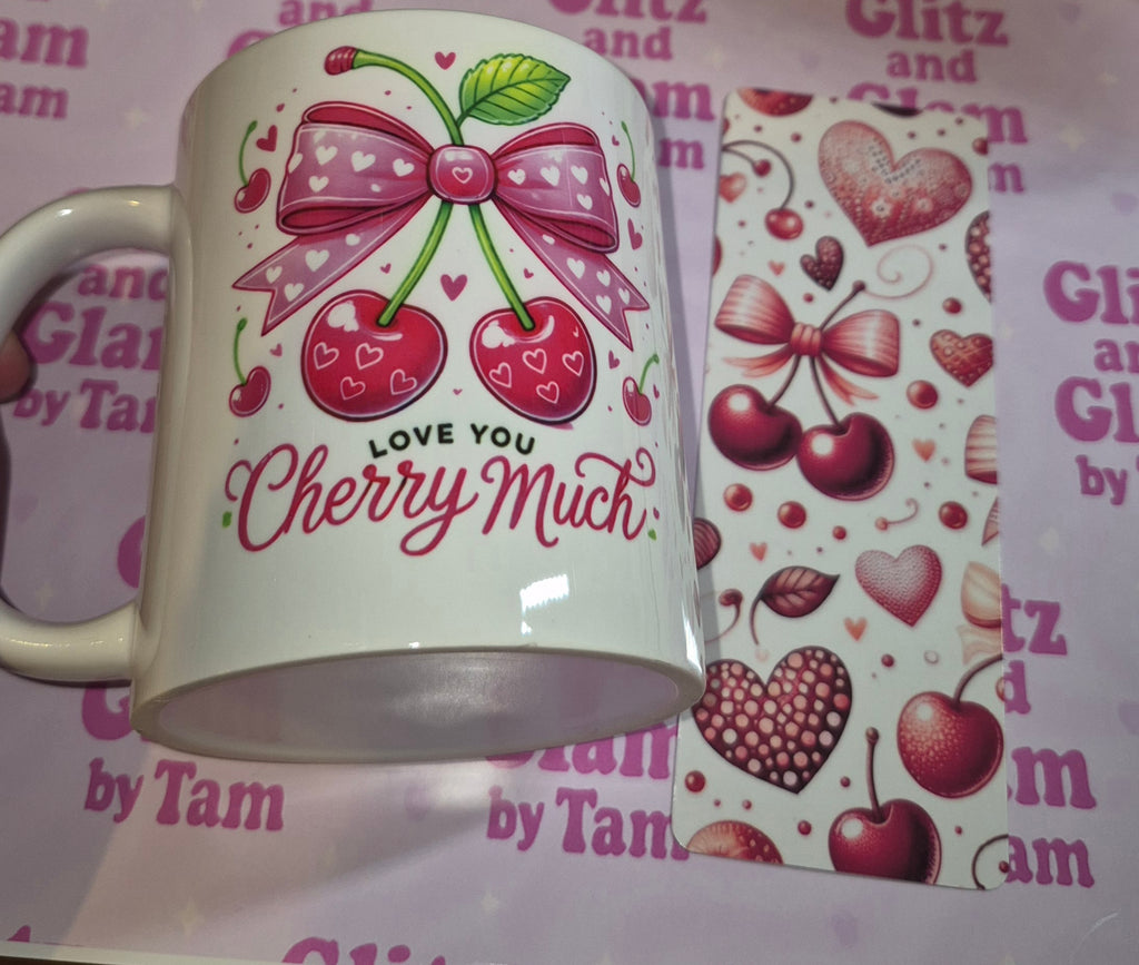 Cherry and pink bow mug - hearts - free bookmark