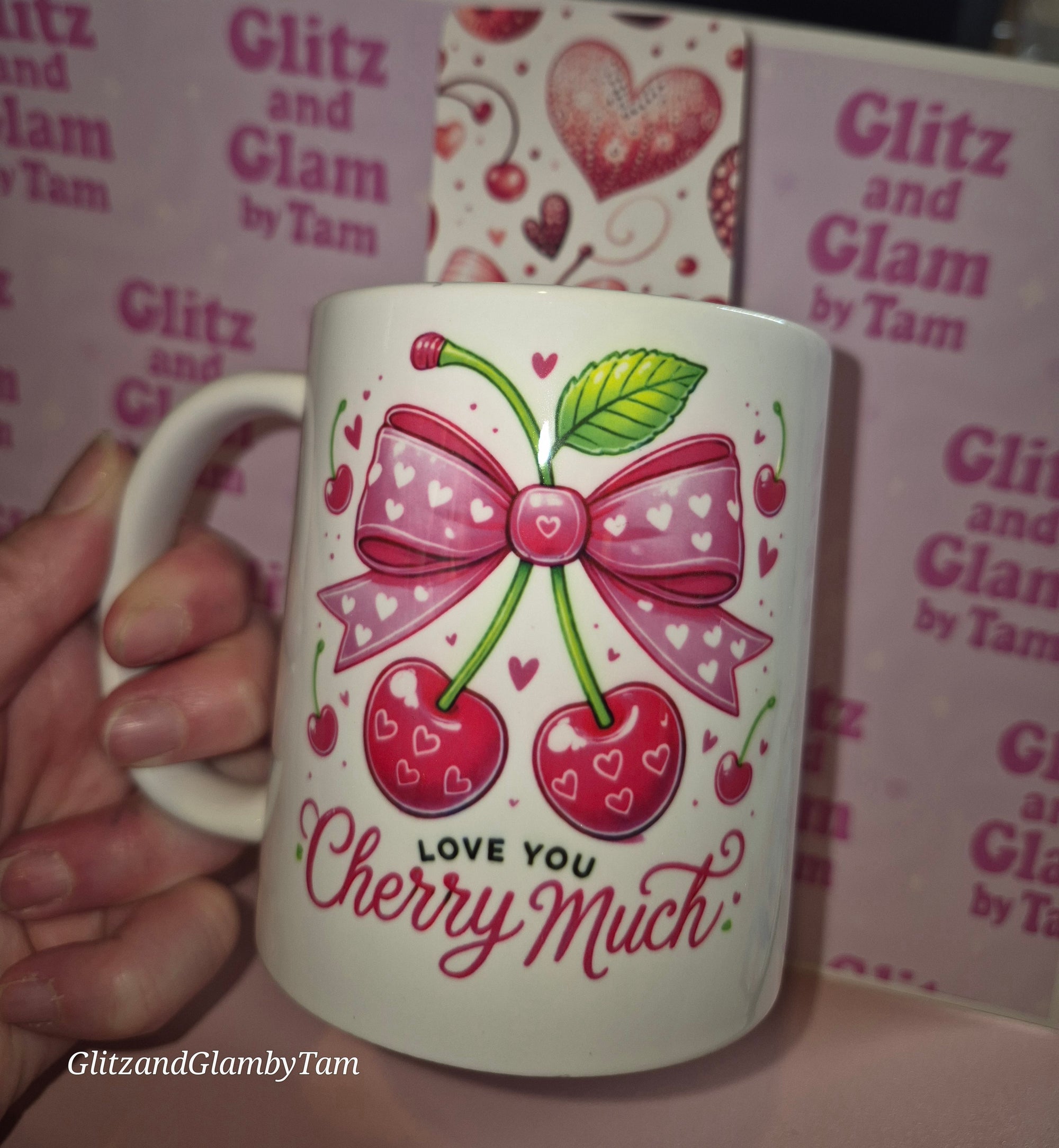 Cherry and pink bow mug - hearts - free bookmark