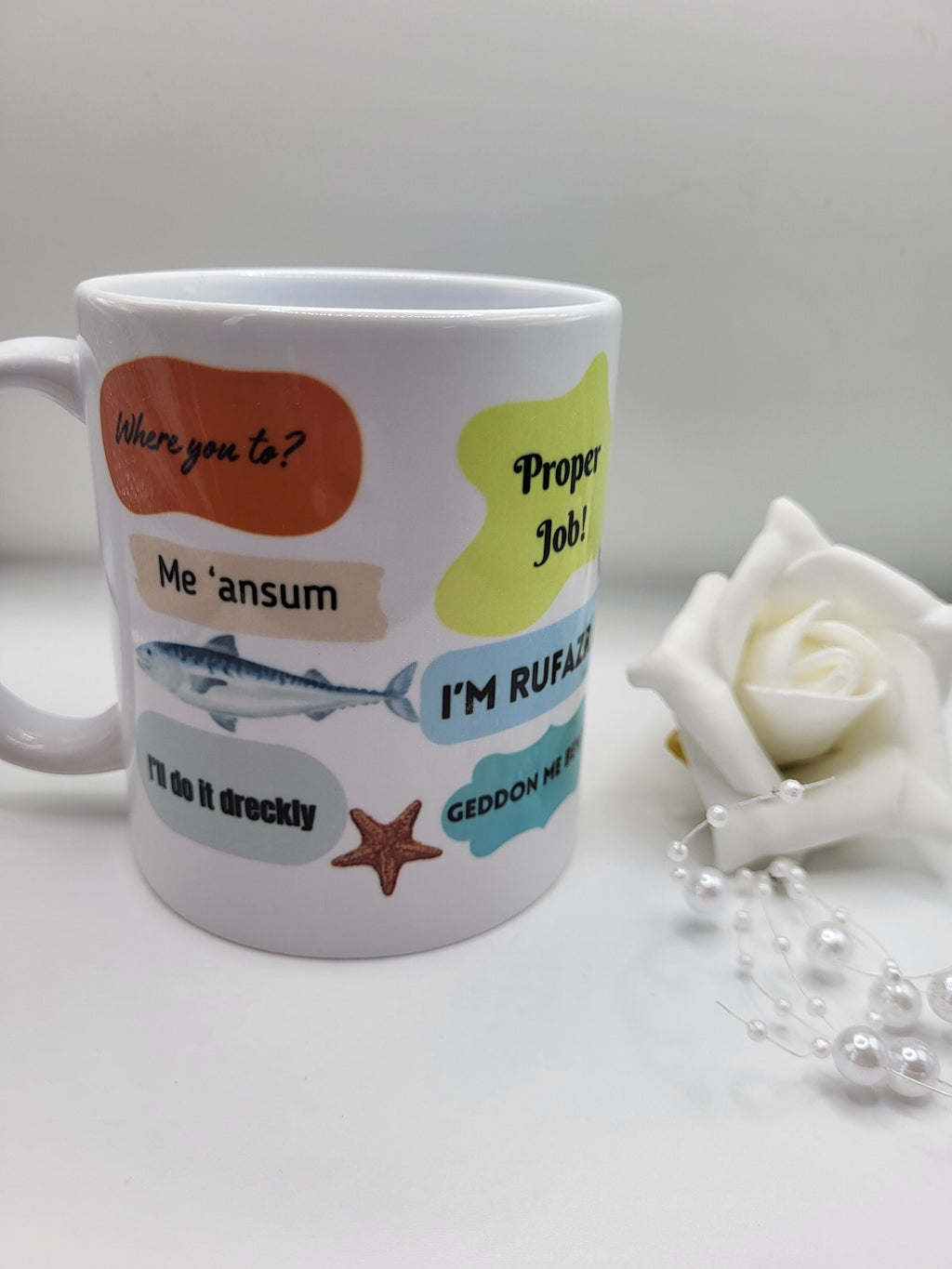 Humorous "Proper Job" Mug with Coastal Sayings, Novelty Coffee Cup Gift, Decorative Flower & Pearls