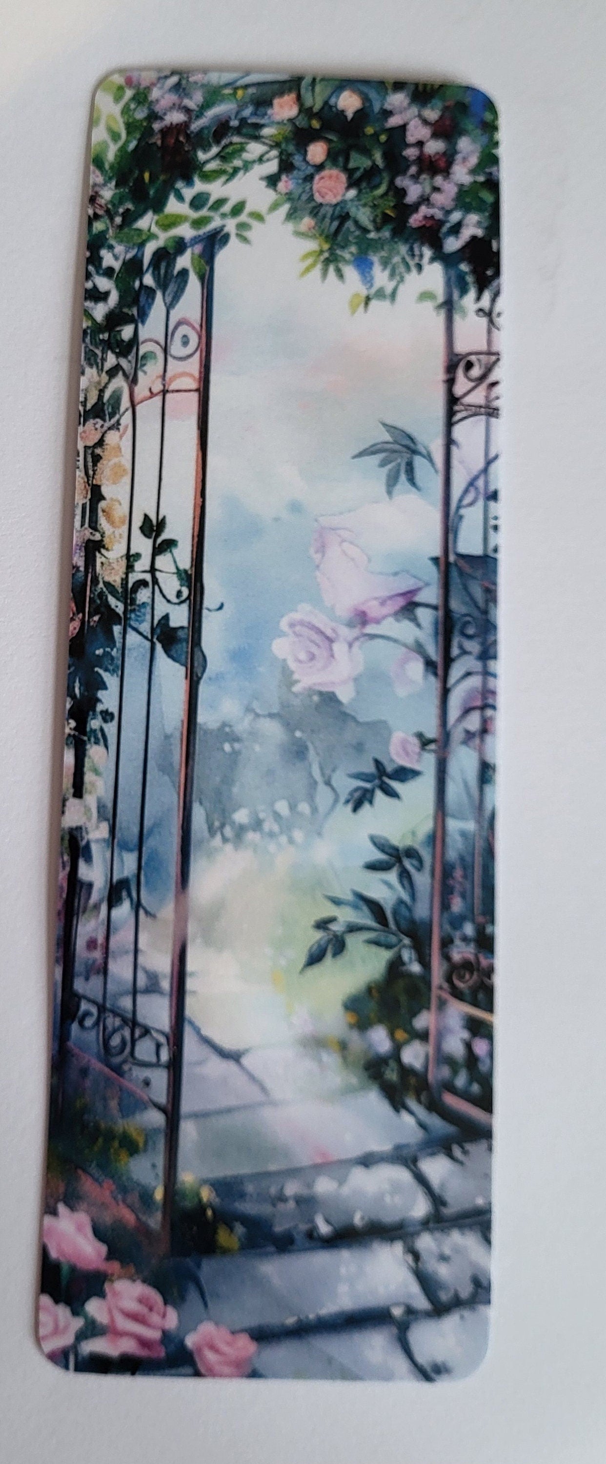 Romantic Garden Gate Bookmark: Watercolor Flowers & Fantasy Landscape