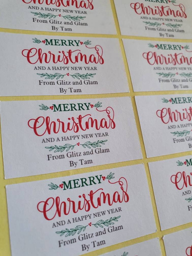 Personalized Merry Christmas stickers - Glitz and Glam - Happy New Year holiday labels, custom gift tags