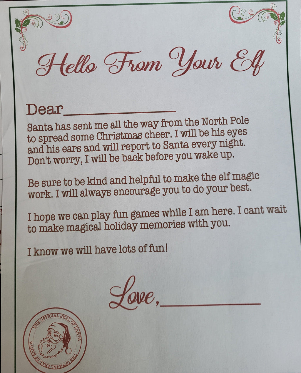 Elf on the Shelf Letter: Hello From Your Elf! Official Santa Seal. Christmas Magic.