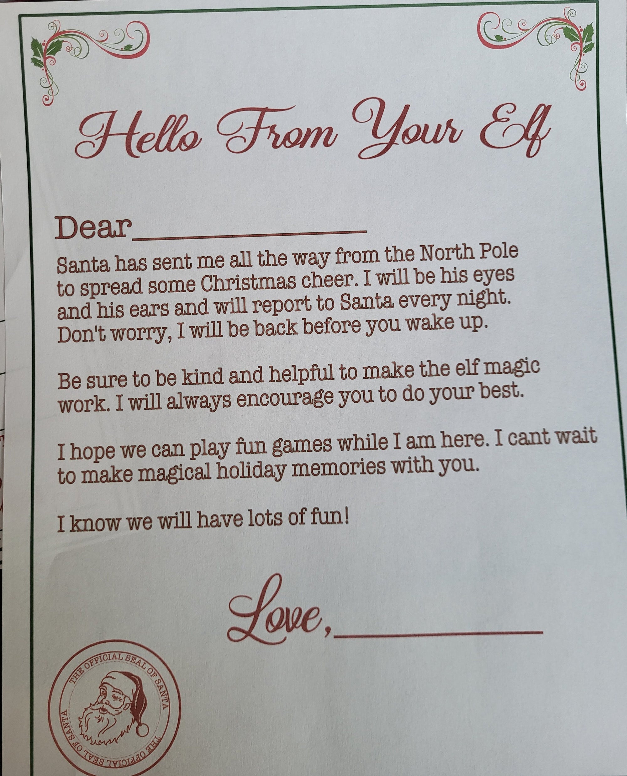 Elf on the Shelf Letter: Hello From Your Elf! Official Santa Seal. Christmas Magic.
