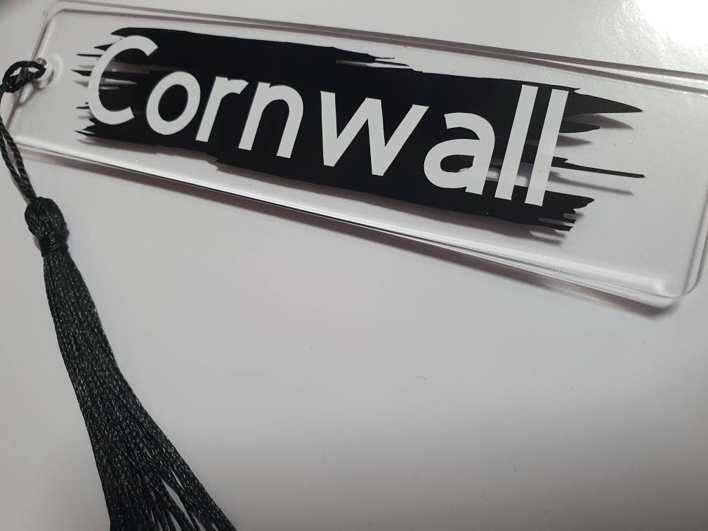 Cornwall Bookmark with Tassel: Souvenir Gift from Cornwall - Black and White Design