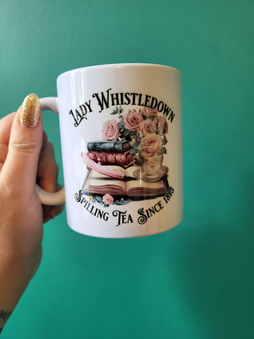 Lady Whistledown Mug - Bridgerton Inspired Tea Cup, Books & Roses - Spilling Tea Since 1813