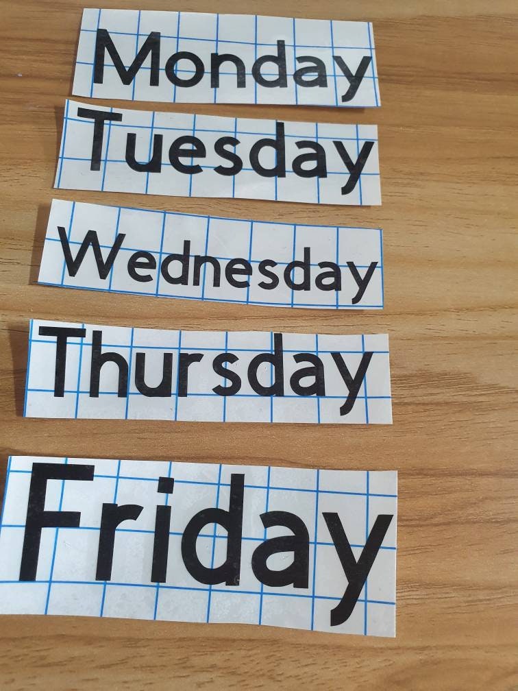 Days of the week stickers: Monday, Tuesday, Wednesday, Thursday, Friday.