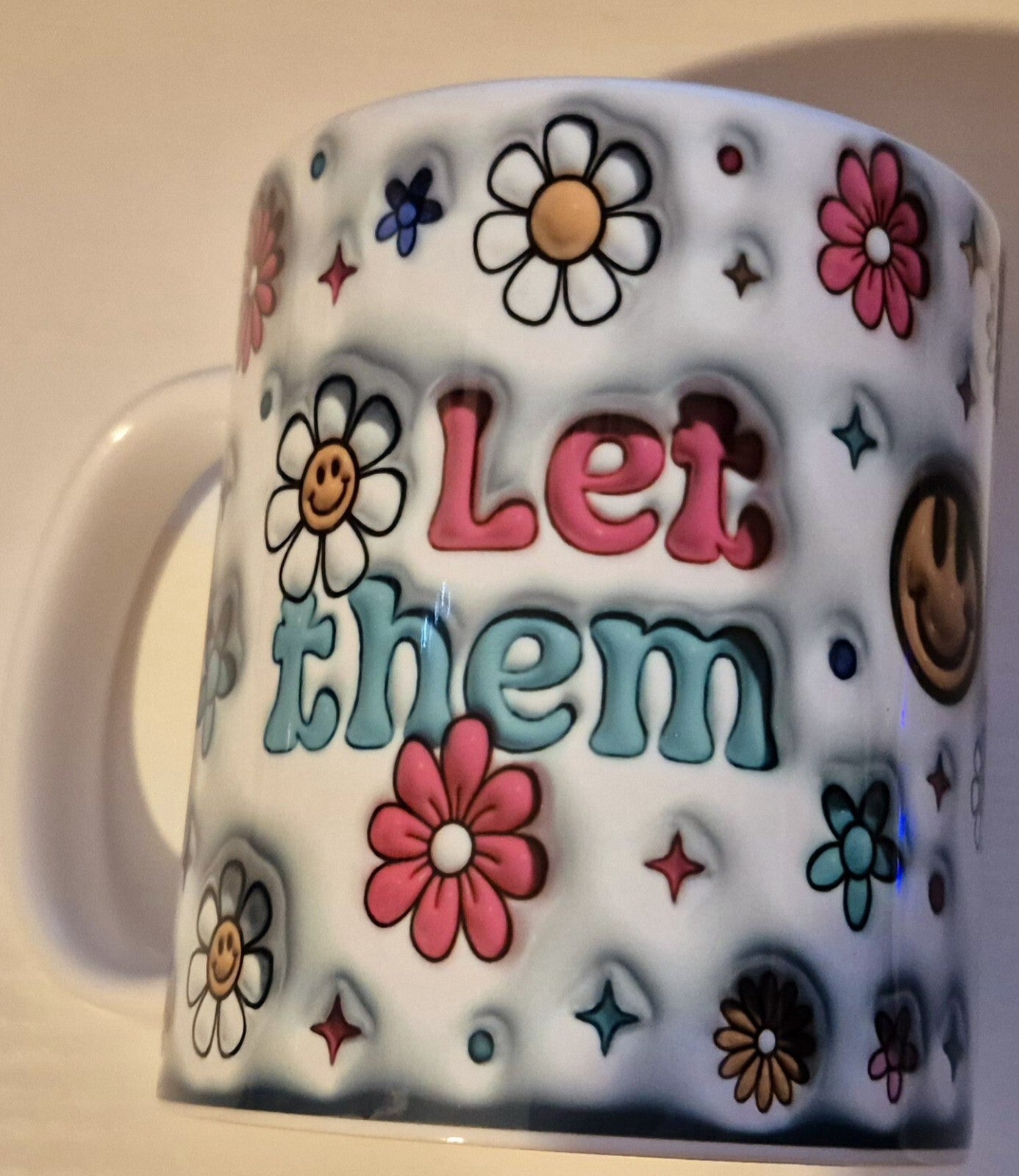 Retro Flower Power Mug: Let Them Inspirational Quote, Mental Health Gift, Positive Vibes, Groovy Smiley Face