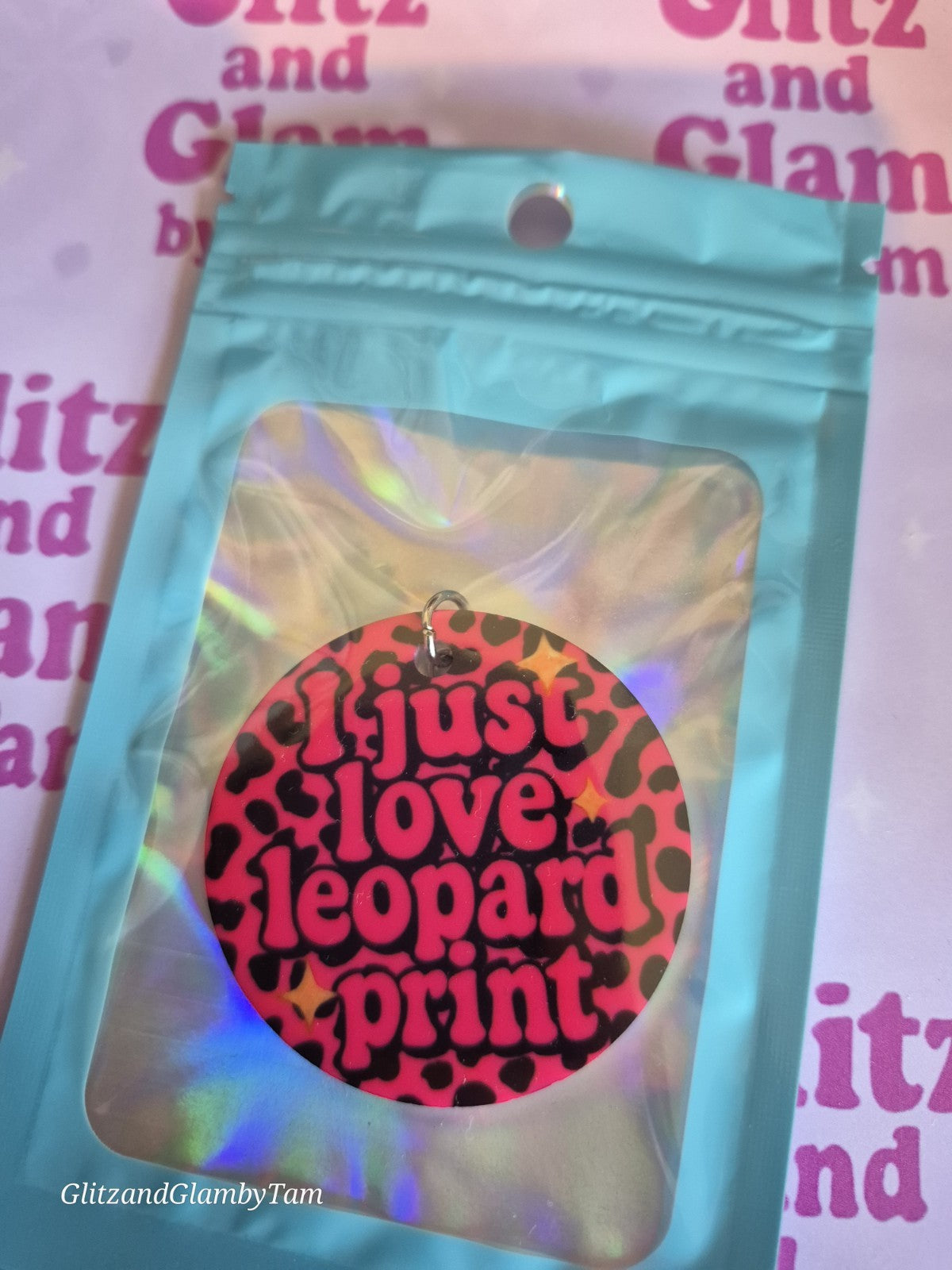 Leopard Print Keyring – “I Just Love Leopard Print” – Bold Pink Acrylic Keychain