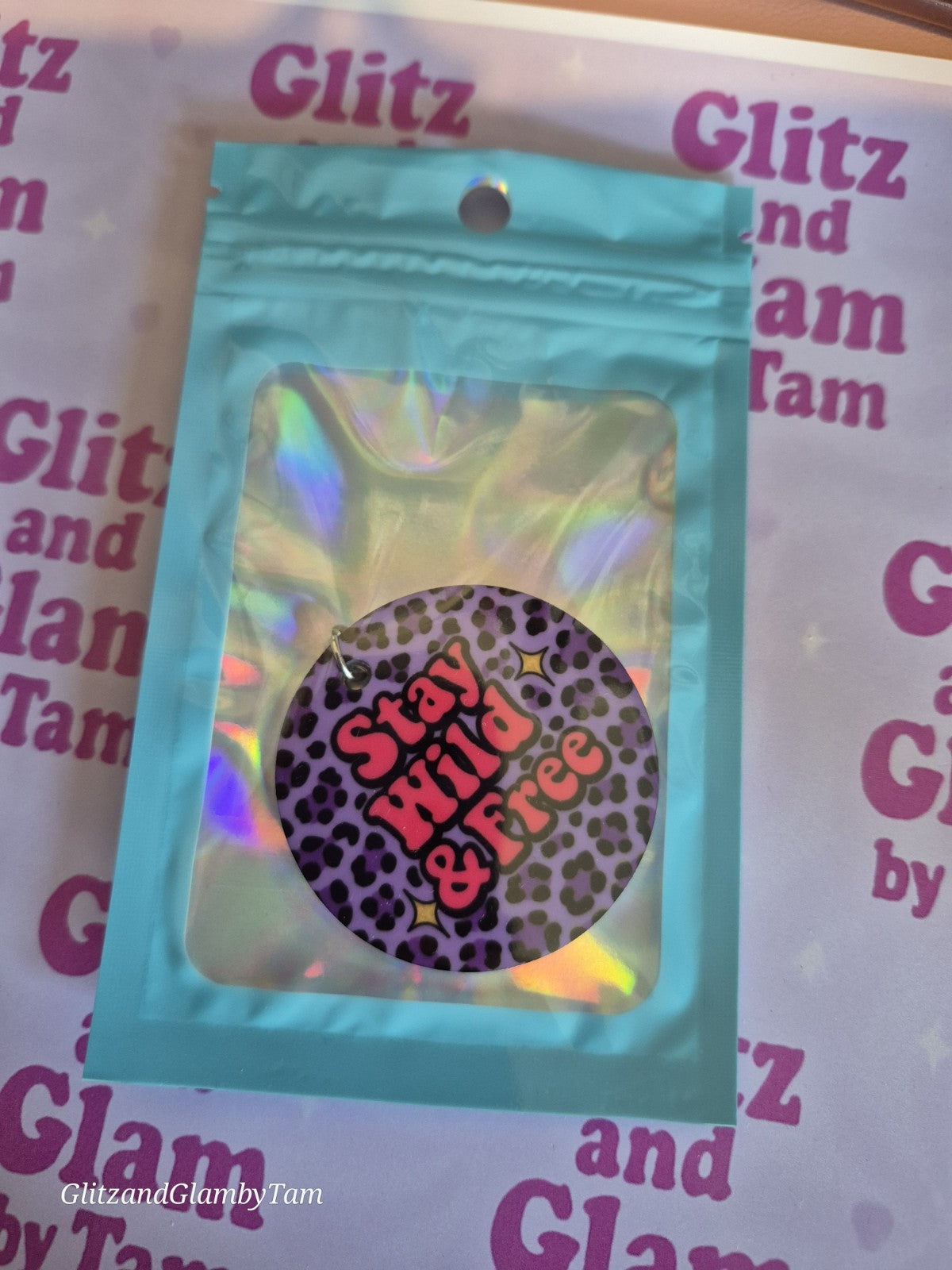 Stay Wild & Free Keyring – Purple Leopard Print Acrylic Keychain – Sassy 2 Inch