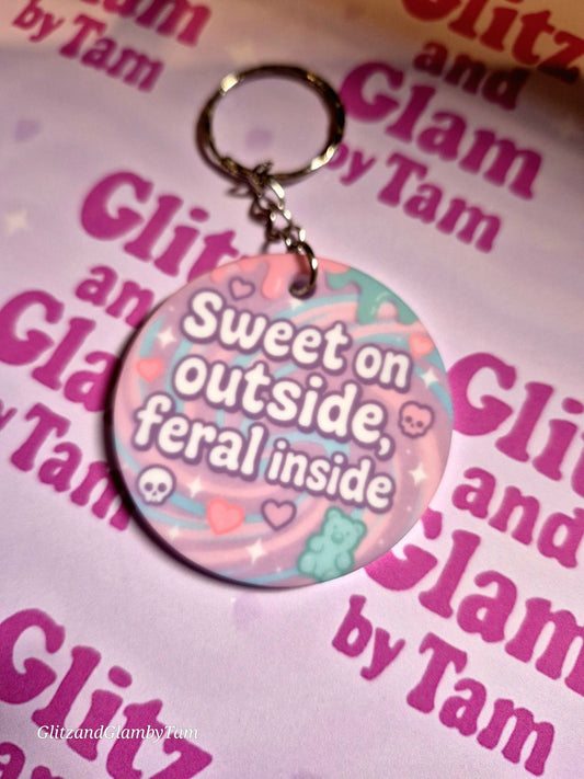 Sweet on Outside, Feral Inside” Keyring – Funny Pastel Goth Acrylic Keychain – 2