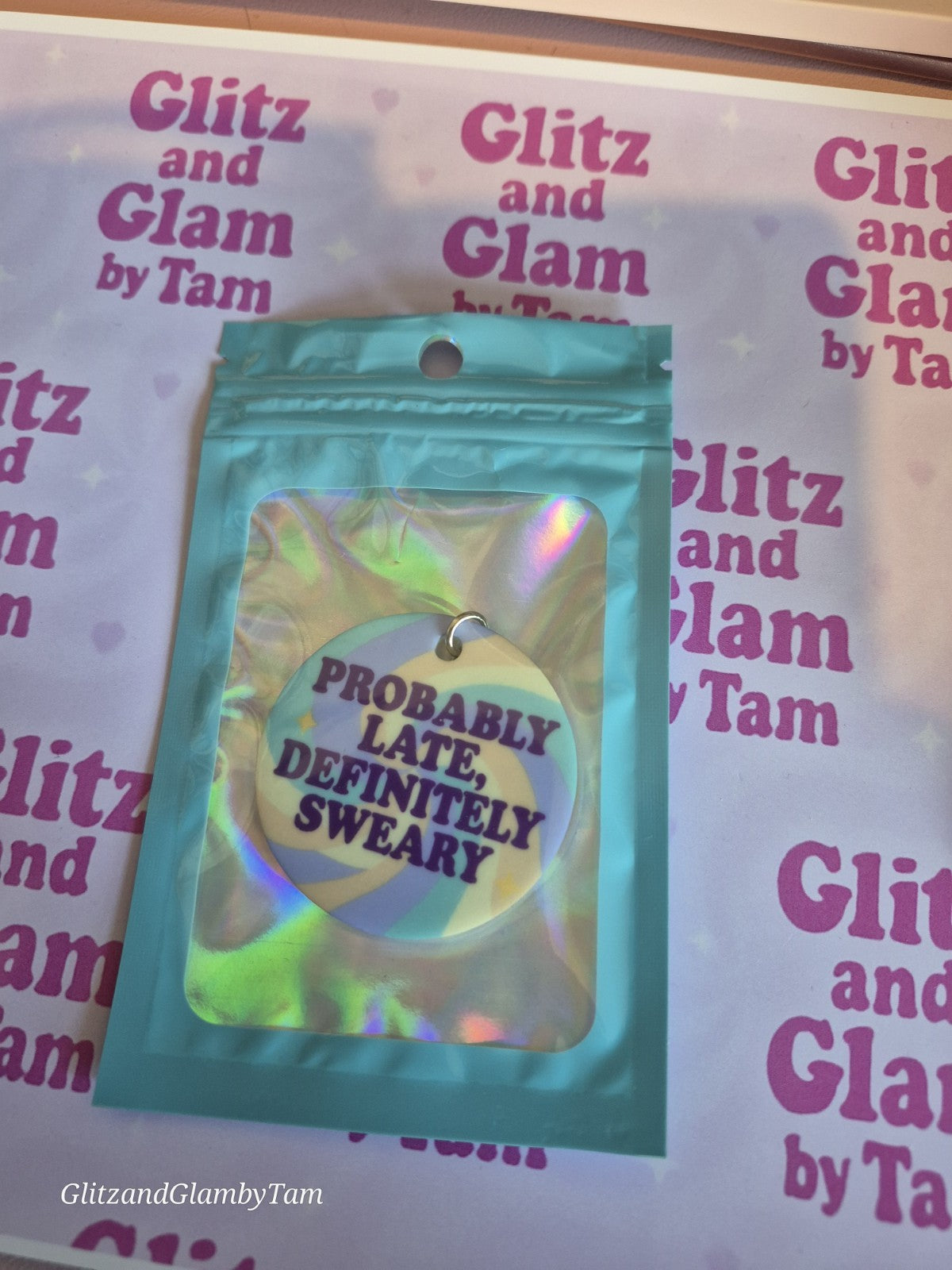 Funny Sweary Keyring - Pastel Swirl Acrylic Keychain - Probably Late - GlitzandGlambyTam
