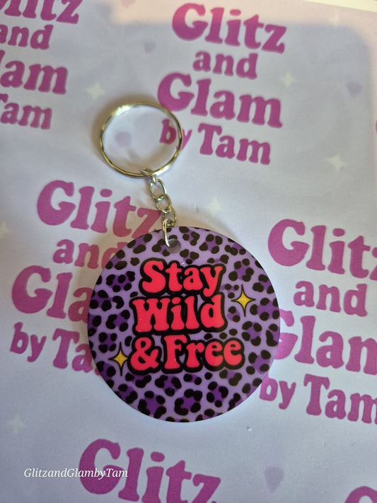Stay Wild & Free Keyring – Purple Leopard Print Acrylic Keychain – Sassy 2 Inch