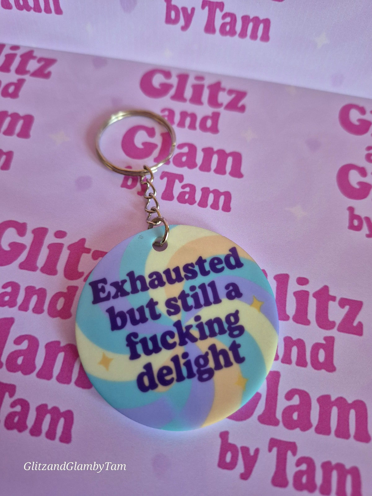Exhausted Delight Keychain: Funny Pastel Swirl - Glitz and Glam by Tam