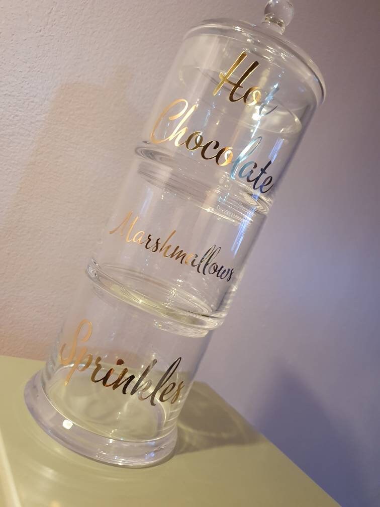 Stackable Glass Kitchen Canisters: Hot Chocolate, Marshmallows, Sprinkles. Home Decor with Gold Lettering