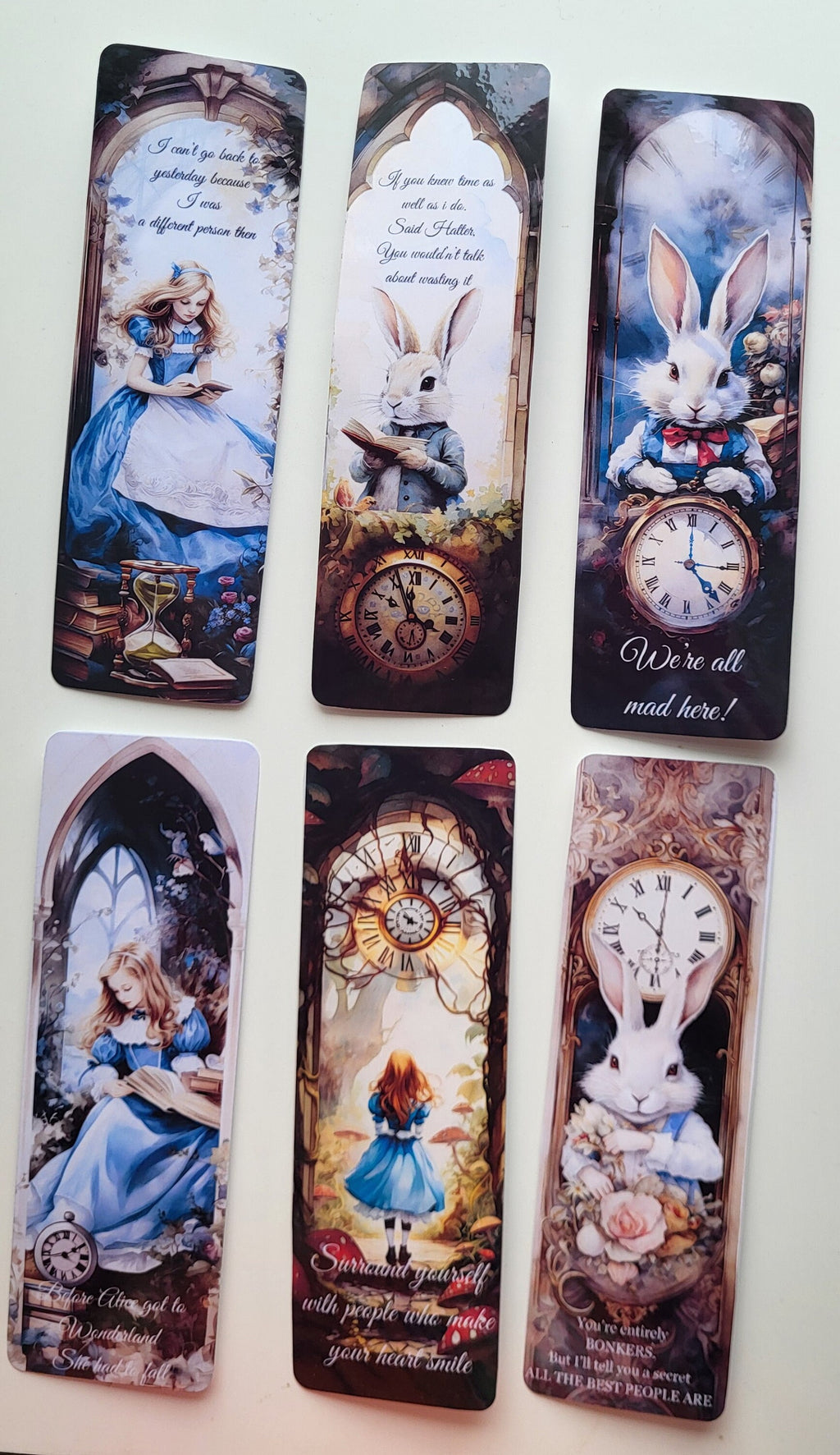Alice in Wonderland Bookmarks: Quotes, Alice, White Rabbit, Clock Themes.  Whimsical literary gifts for readers. Set of 6