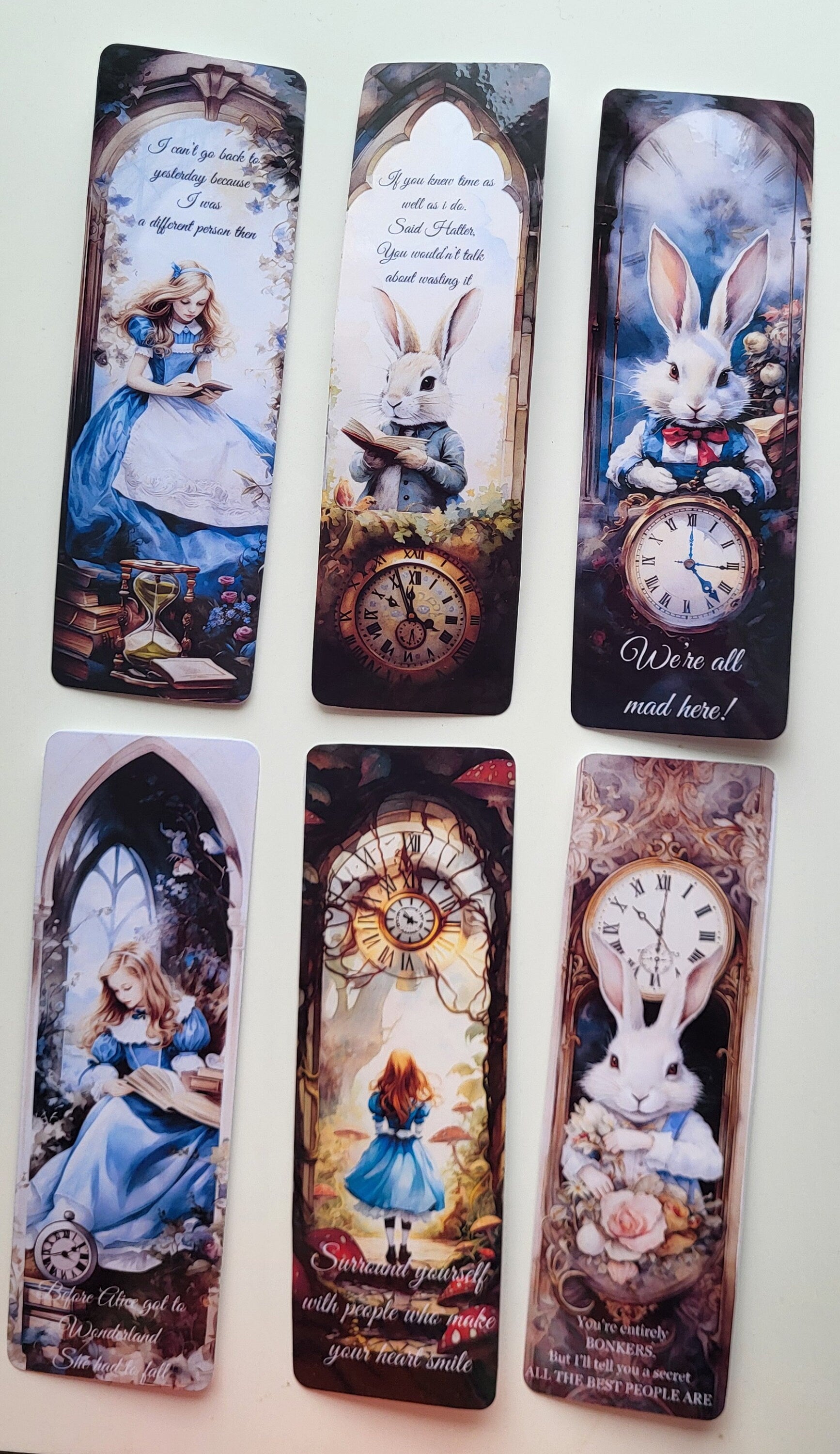 Alice in Wonderland Bookmarks: Quotes, Alice, White Rabbit, Clock Themes.  Whimsical literary gifts for readers. Set of 6