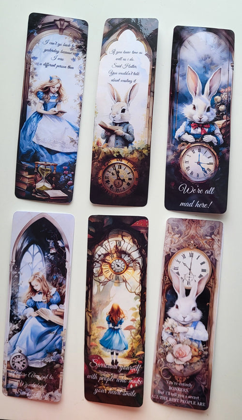 Alice in Wonderland Bookmarks: Quotes, Alice, White Rabbit, Clock Themes.  Whimsical literary gifts for readers. Set of 6
