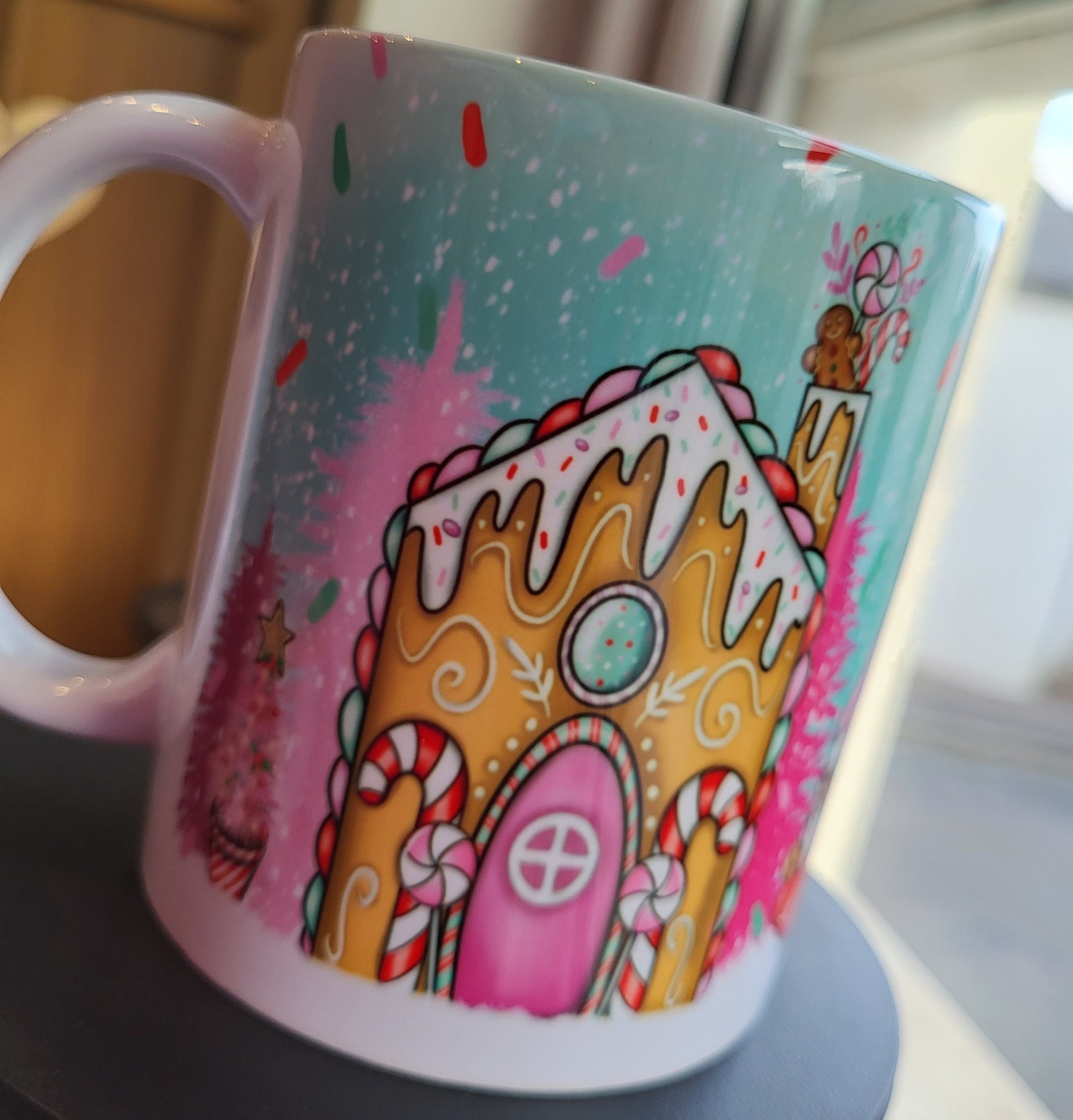Christmas Mug: Gingerbread House Design. Colorful Holiday Drinkware. Festive Mug for Christmas.