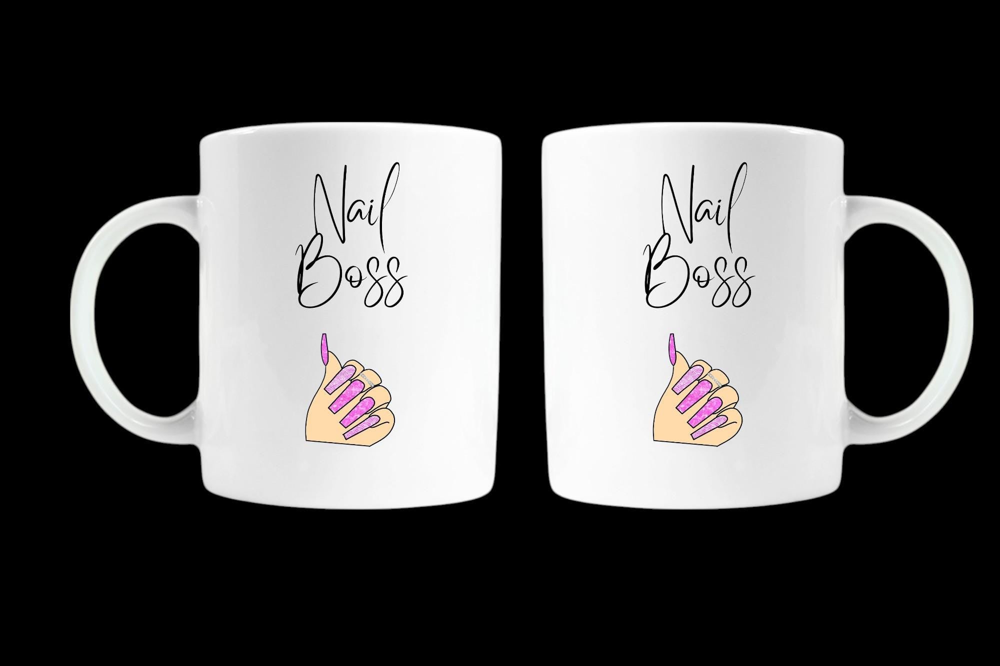 Nail Boss Mug: Stylish White Coffee Cup with Hand & Long Nails - Perfect Nail Technician Gift