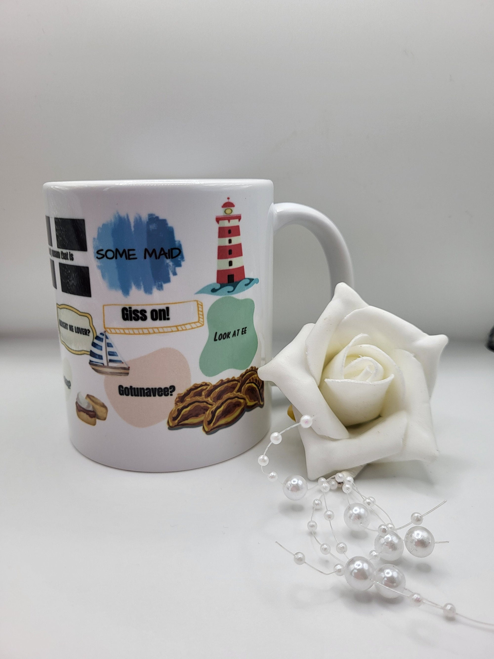 Cornish Dialect Mug with White Rose & Pearls: Cornwall Souvenir Gift Idea - Some Maid, Giss On, Gotunavee, Look At EE