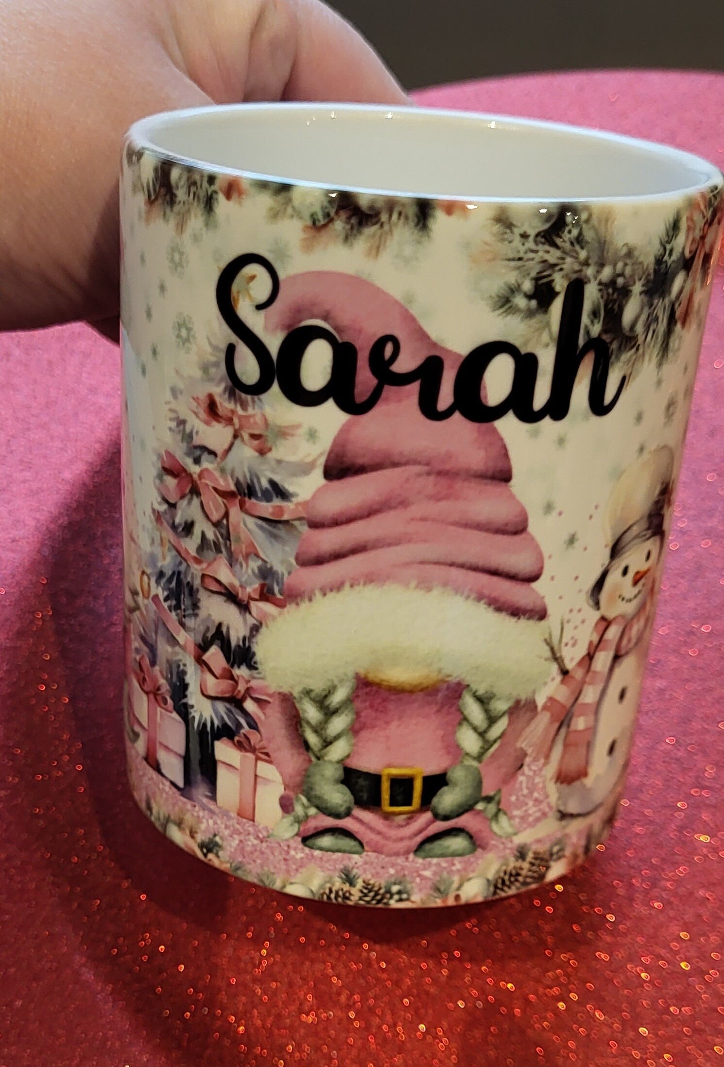 Personalized Sarah Christmas Gnome Mug: Holiday Gift with Snowman and Festive Design