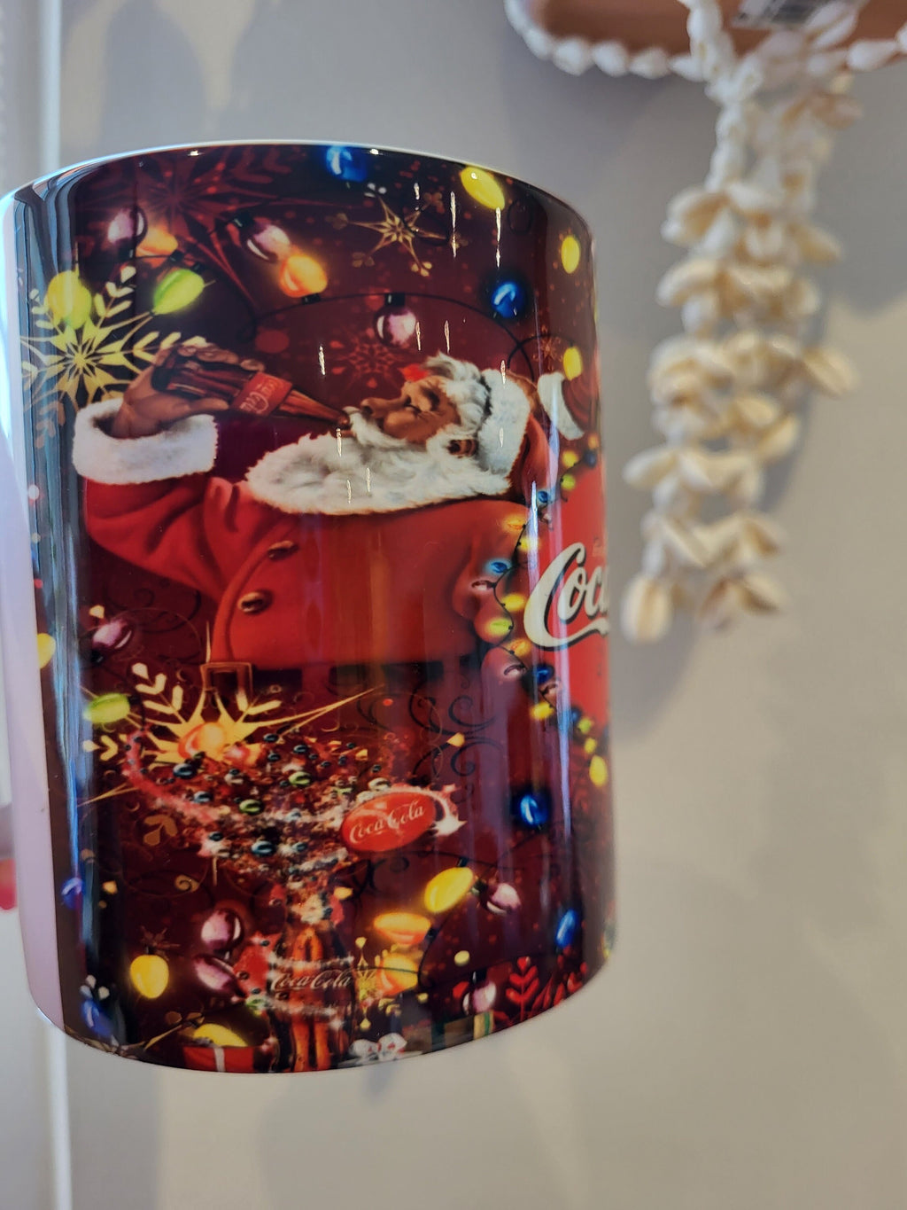 Coca-Cola Santa Mug: Christmas Lights & Holiday Cheer with Santa Claus Drinking Coke by a Christmas Tree