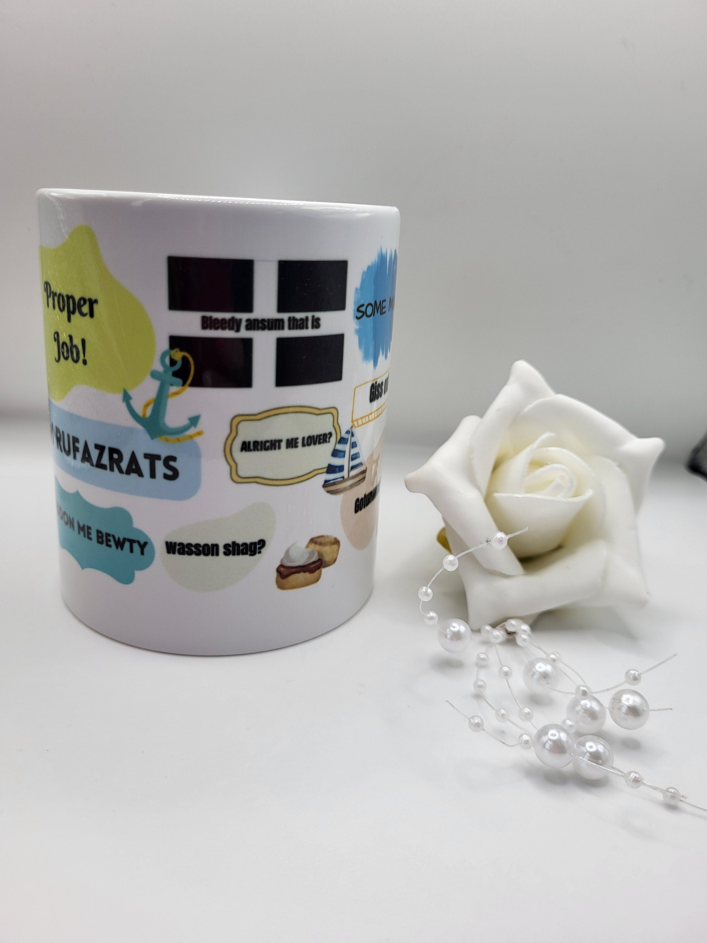 Cornish Mug with Cornwall Slang: Proper Job!, Wasson Shag? Funny Cornwall Sayings Souvenir Gift