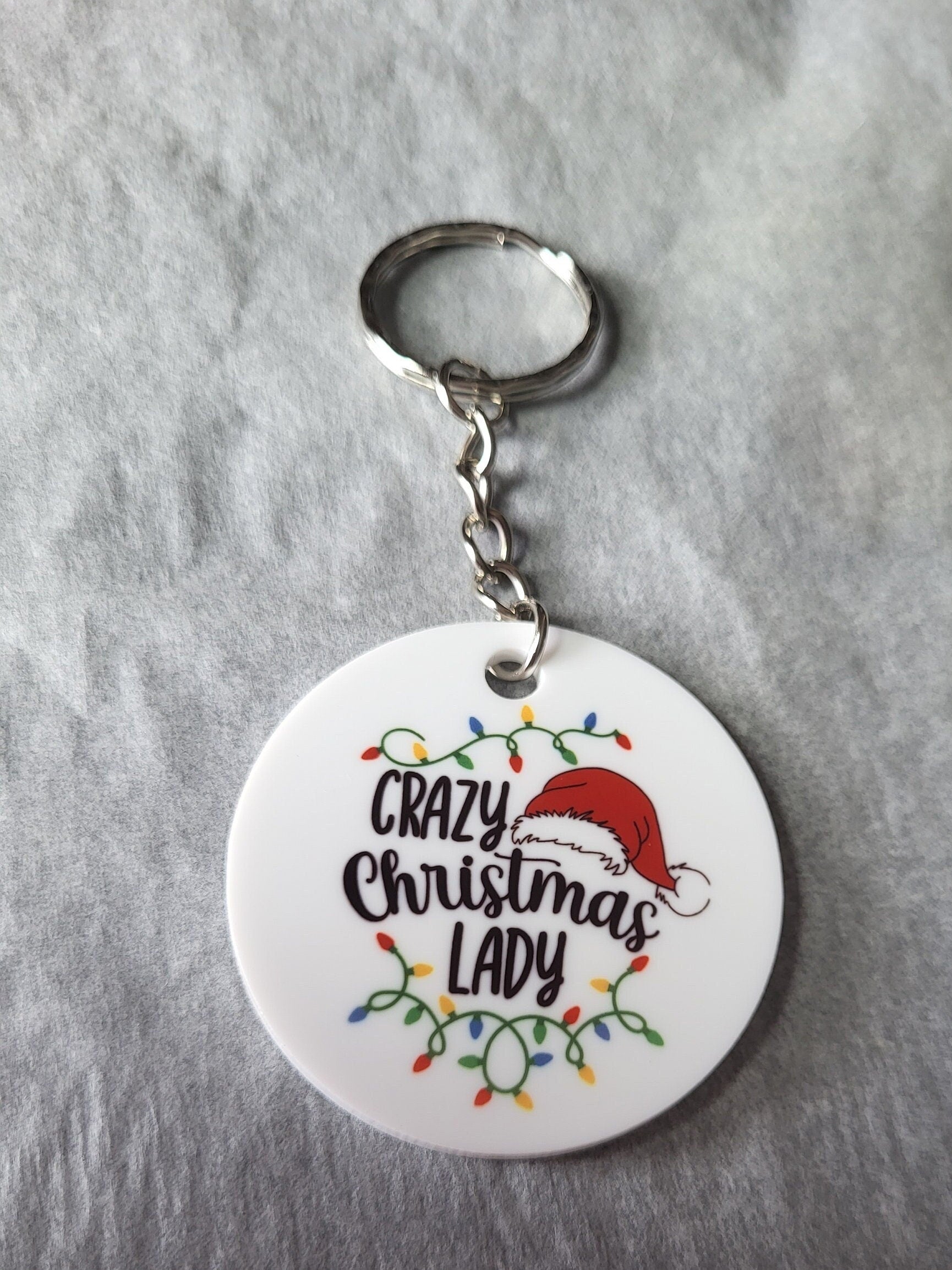 Crazy Christmas Lady Keychain with Santa Hat and Festive Lights